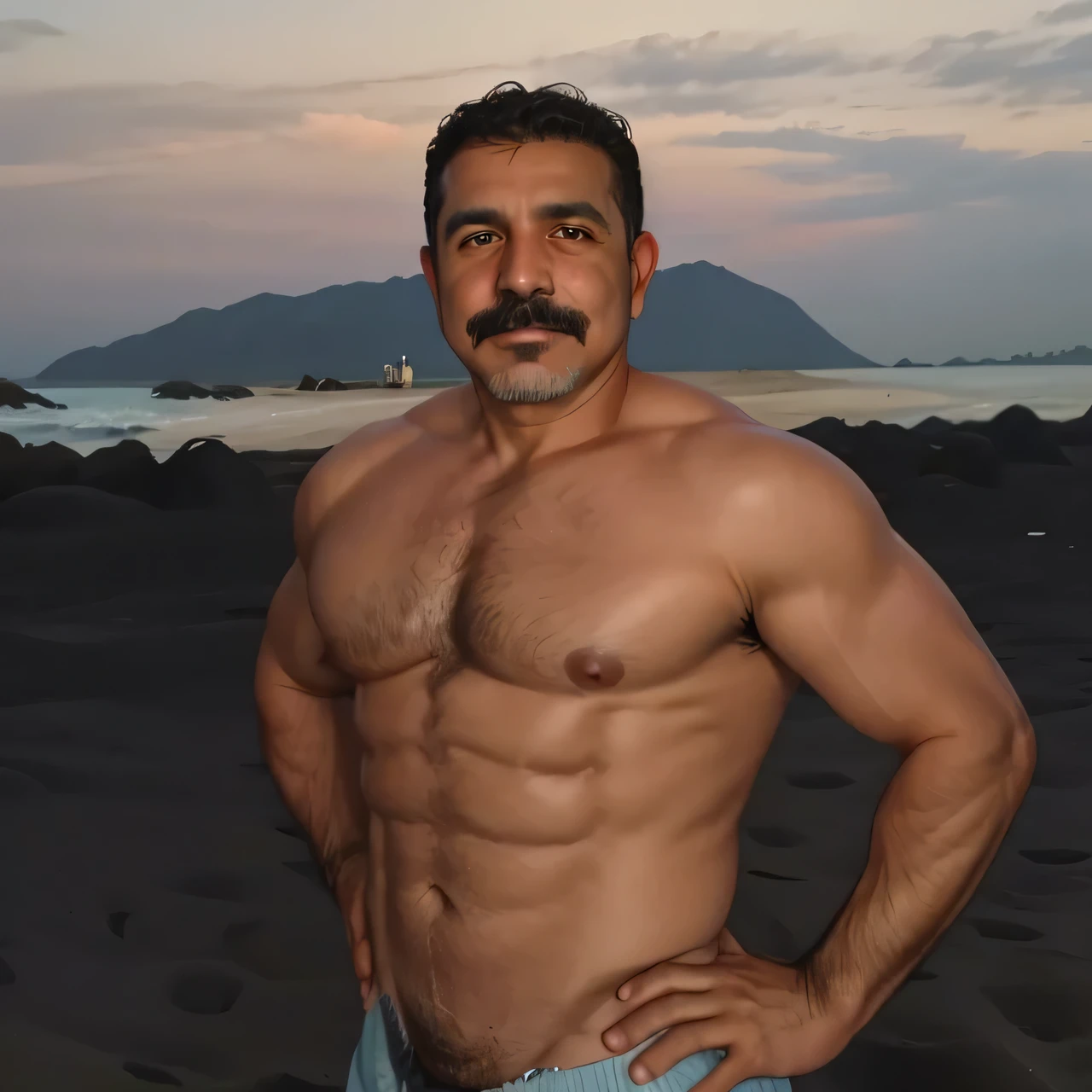 arafed man with a mustache and moustache standing on a beach, mexican mustache, 45 years old men, 5 0 years old man, hot daddy, 4 0 years old man, about 3 , the extremely hot and sexy, he is about 50 years old, mexican, he is about 5 0 years old, luis nieves sr