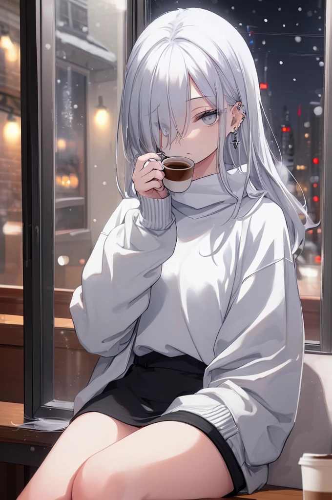 ((masterpiece:1.6, best quality:1.2)), 1girl, solo focus, beautiful skin, white sweatshirt, long white hair, grey eyes, sitting, earrings, piercing, coffee shop window, night, snowing, cityscape, tall female, beautiful and delicate female, comfy ambience, {correct posing}, {detailed background}, a miniskirt, hair over one eye