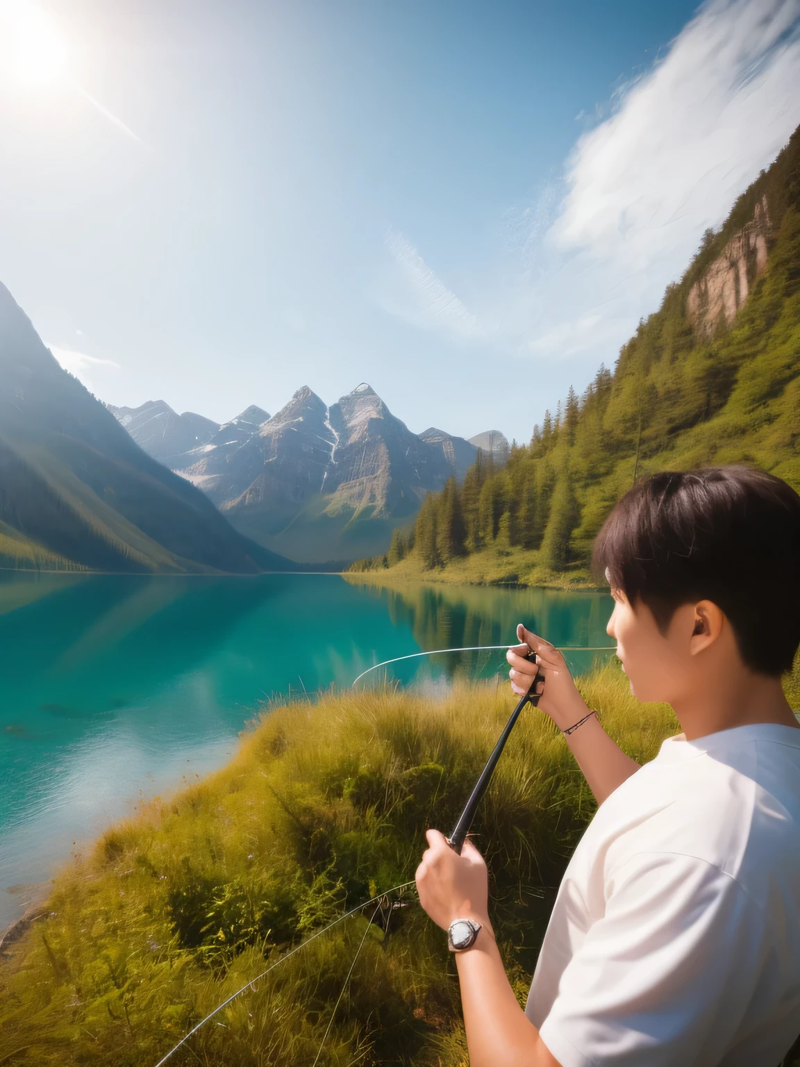 There is a man holding a fishing rod and a fishing rod