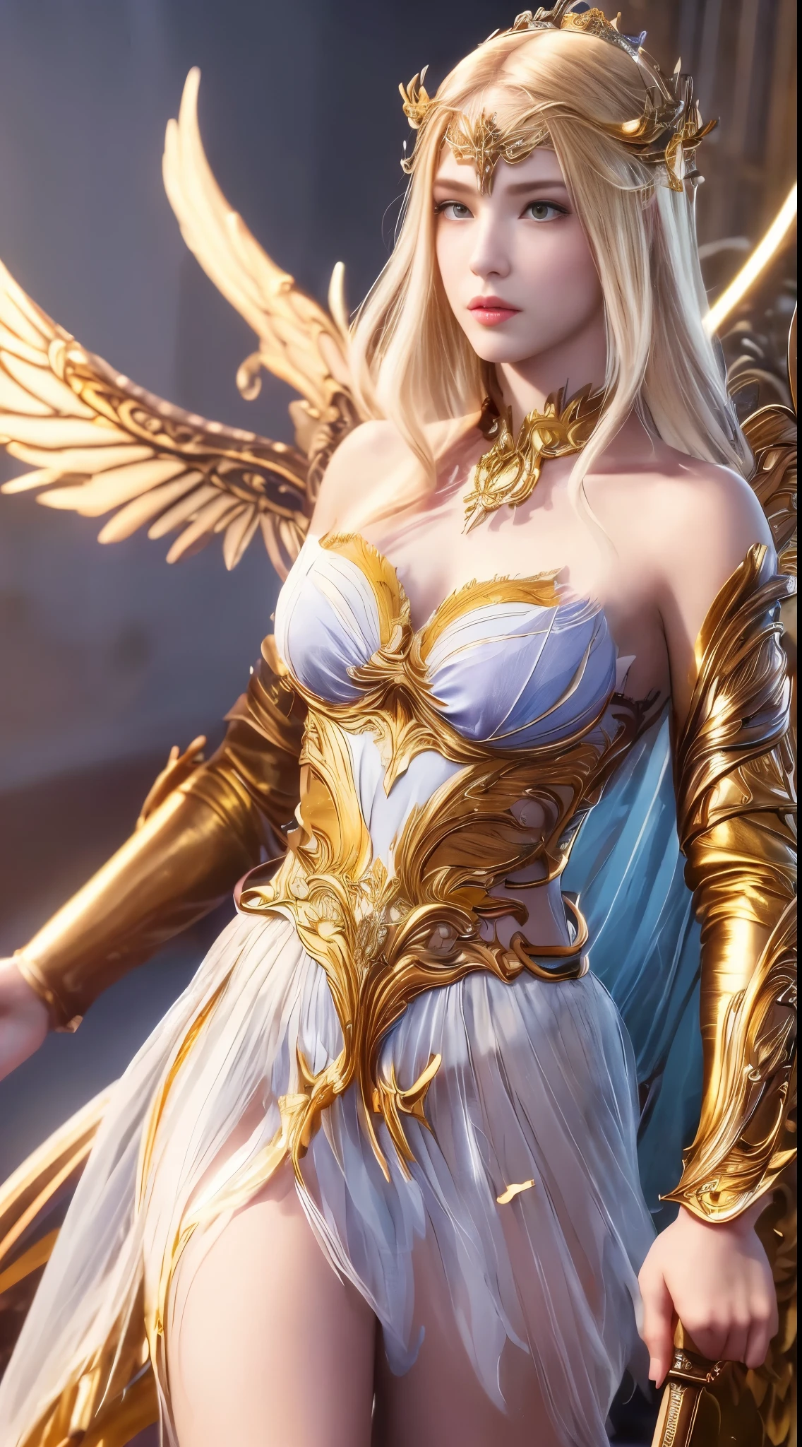 ((masterpiece, best quality;1.3)), ultra detailed, colorful, extremely detailed and beautiful background,1girl, solo, highly detailed beautiful face, beautiful face, angelic, golden colored detailed angel costume, wings angel, feathers, fantasy landscape,epic,sword, holding sword, undefined,qianrenxue,