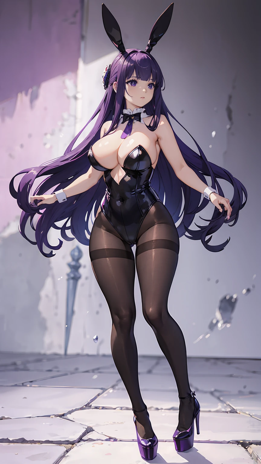 ((masterpiece, high resolution, best quality, best details, anime)), a woman standing in a bunny suit, bunny ears, sexy black leotard, ((black pantyhose)), platform high heels, long hair, purple hair, purple eyes with black outline, curvy body, full body, large neckline, large breasts, wide hips, bare shoulders and arms, (white background), shadow,