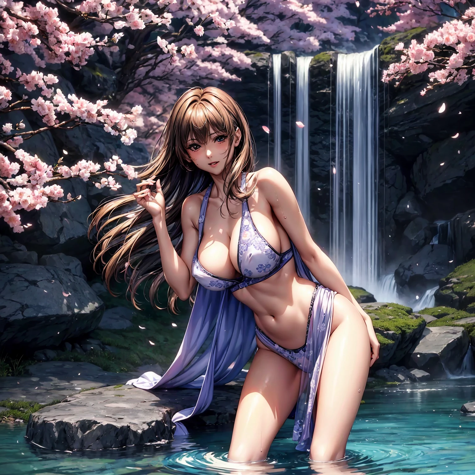 (((highest quality、masterpiece、very high resolution))),(There is a woman with perfect and ultimate beauty..,beautiful figure,beautiful face,beautiful skin,beautiful breasts,Well-formed eyes and nose)、(Beautiful breasts with a slender body shape:F cup,best hair texture,Best skin texture,realistic textured skin:1.5)、((Cute bikini swimsuit:floral and colorful)),(Fantastic waterside,There is a waterfall,Night cherry blossoms and lanterns,mysterious night sky、beautiful scenery),(water play,beautiful pose,model shoot,Hair flutters under the influence of the wind),realistic portrait,bijinga,(highly detailed images、accurate image、Perfect Image 1.5)、beautiful anime woman, beautiful art style, anime character、Overall image、accurate anatomy、Image without defects、natural soft light、beautiful images、(best shot,RAW photo)
