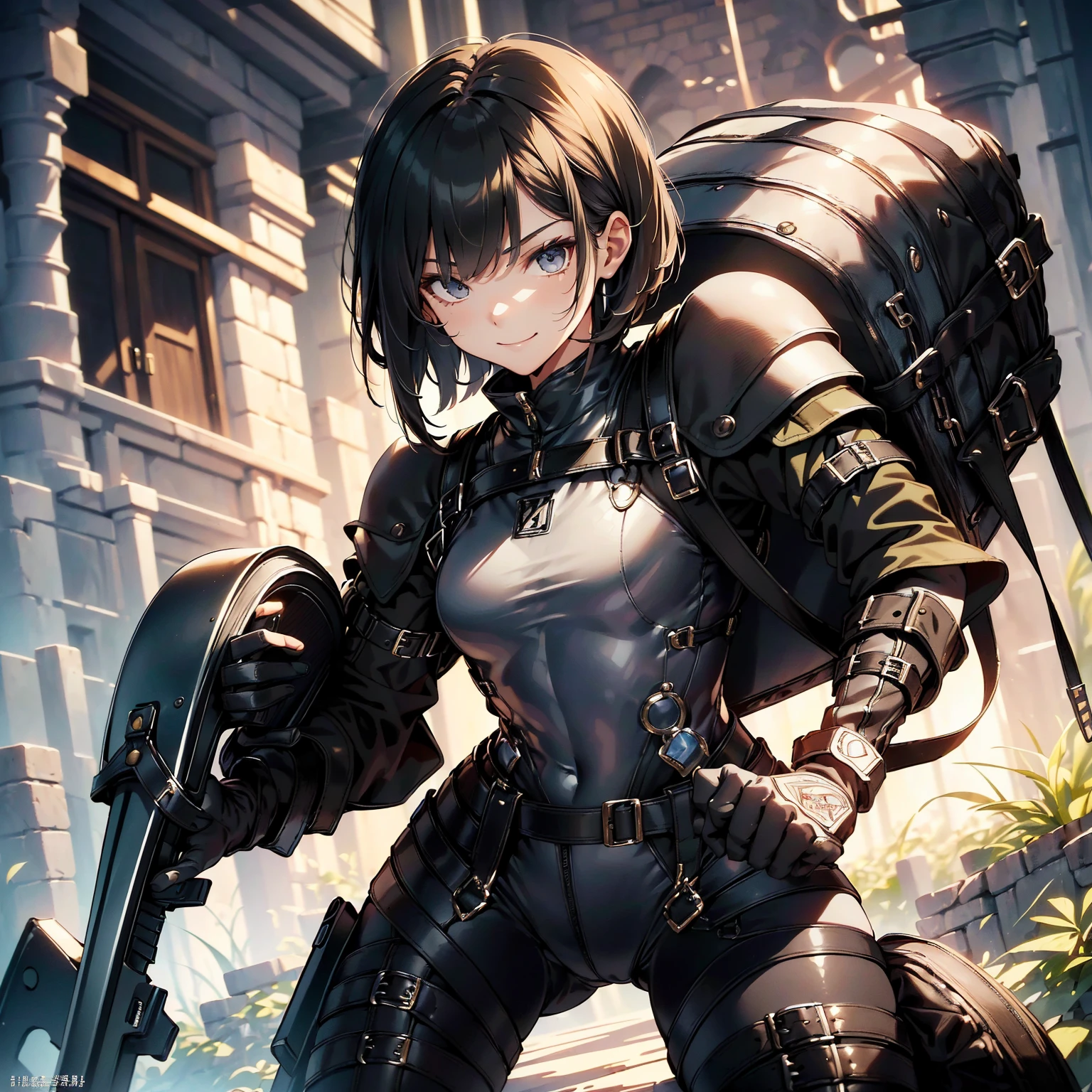 (masterpiece、highest quality、highest resolution、clear_image、detailed details): (whole body、18 year old female fighter，Slender、small face、black super bob short hair、Shiny black tight combat uniform，tight suit、Gentle smile、Backpack:1.1)