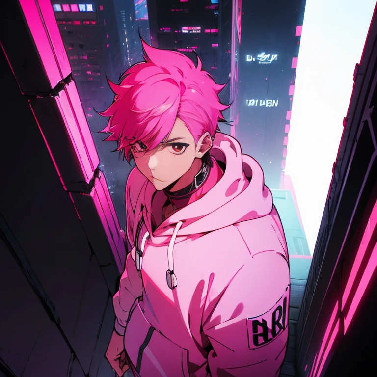 (shortcut), (two block hair), (bright pink hair), (red eyes), (cool pose), (man wearing headphones), (top quality), (masterpiece), (Super detailed), (oversized hoodie), (Street style), (neon), (modern city), (neonデイライト), (cinematic), (stylish), (High resolution), (hyper-detailed), (soft town), (Nightcore), (a handsome guy), (natural appearance of the building), (IG studio anime style), (Low - Angle), (looking at the camera), (visualize)