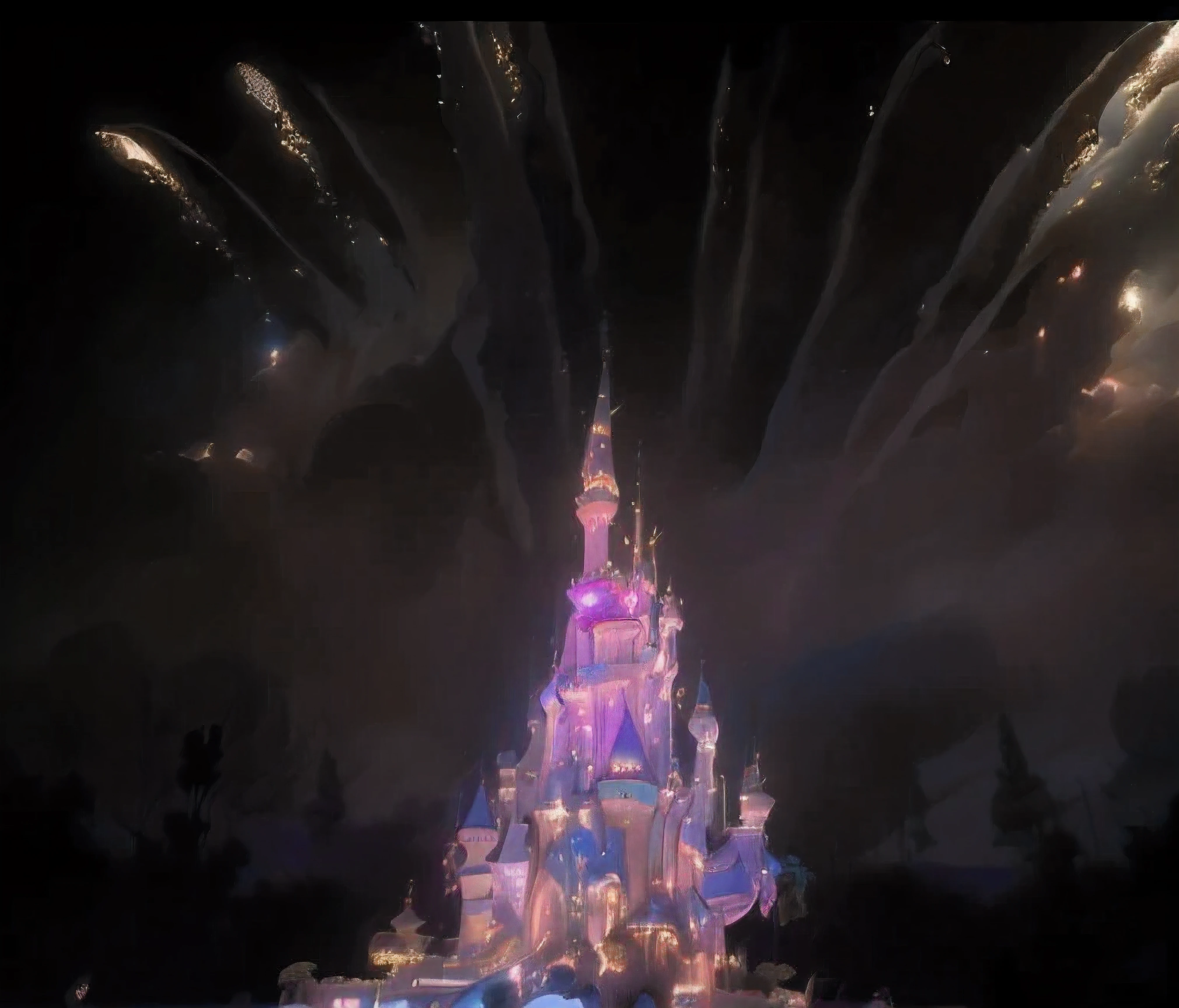 Fireworks set off over the castle, disney,a castle with a bell towereworks bloom in the sky,Very magical and dreamy, disney 8 k photo, disneyland background, disneycastle,night view,castle,A magnificent fairytale castle stands high in the distance,Decorated with sparkling pastel colored towers and sparkling windows disney style,castle,minaret,arch,meticulous details,ornate decoration,dreamy feel,fairytale atmosphere,animated colors,striking appearance,8K quality