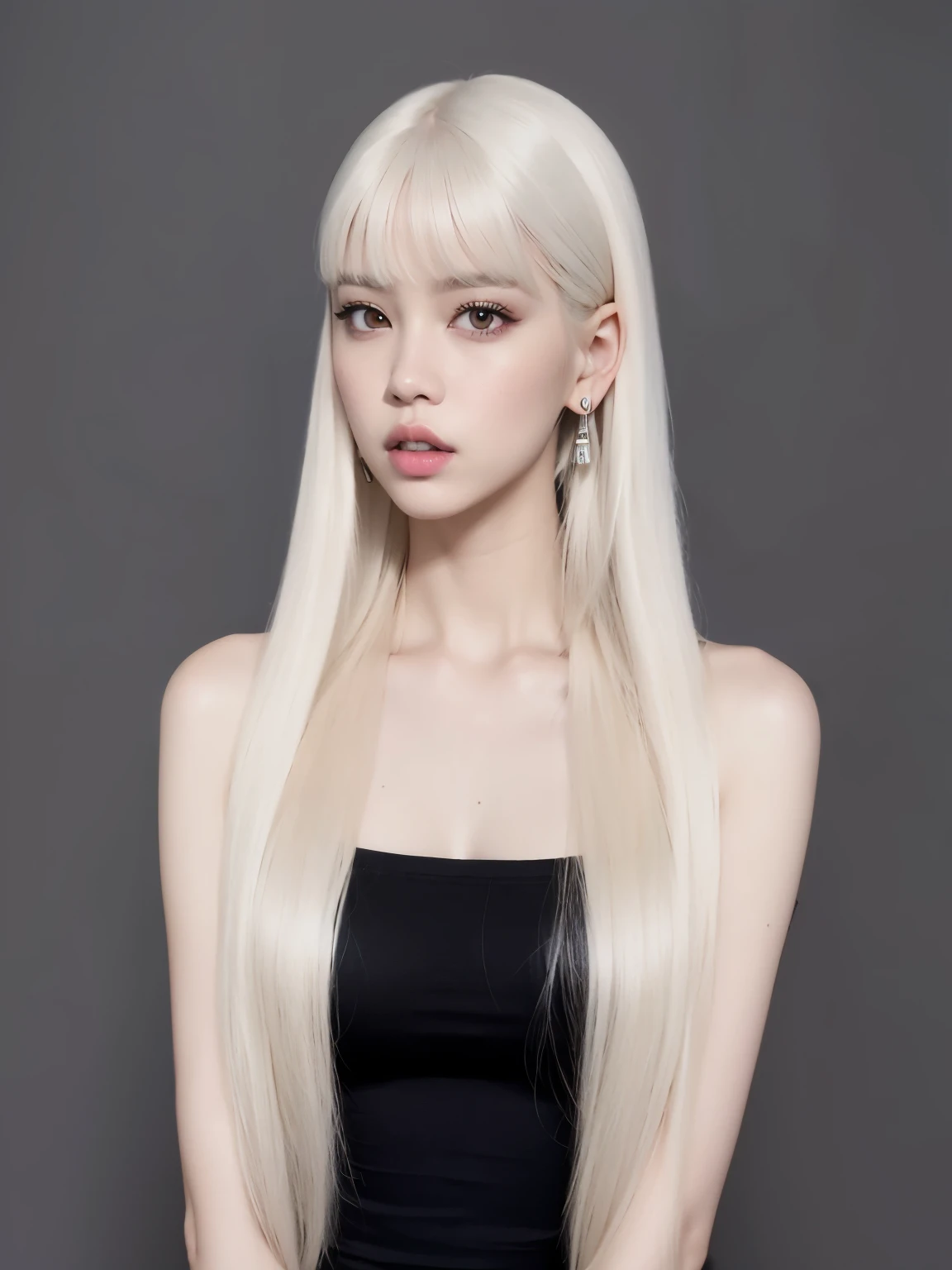 Una mujer con cabello largo y rubio y un vestido negro, Lalisa Manobal, pelo largo y blanco y flequillo, peinado de corte hime blanco, Lalisa Manoban de Blackpink, pelo largo con flequillo completo, con pelo largo y blanco, pelo largo con flequillo, con el pelo largo y blanco, parque roseanne de blackpink, pelo largo y liso blanco, Cabello liso blanco, flequillo largo y recto