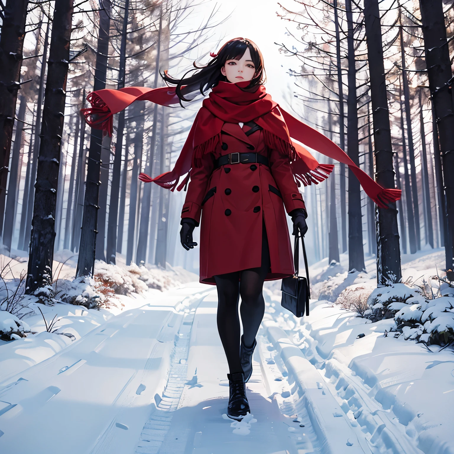 Beautiful woman with red scarf, walking in the forest, winter evening