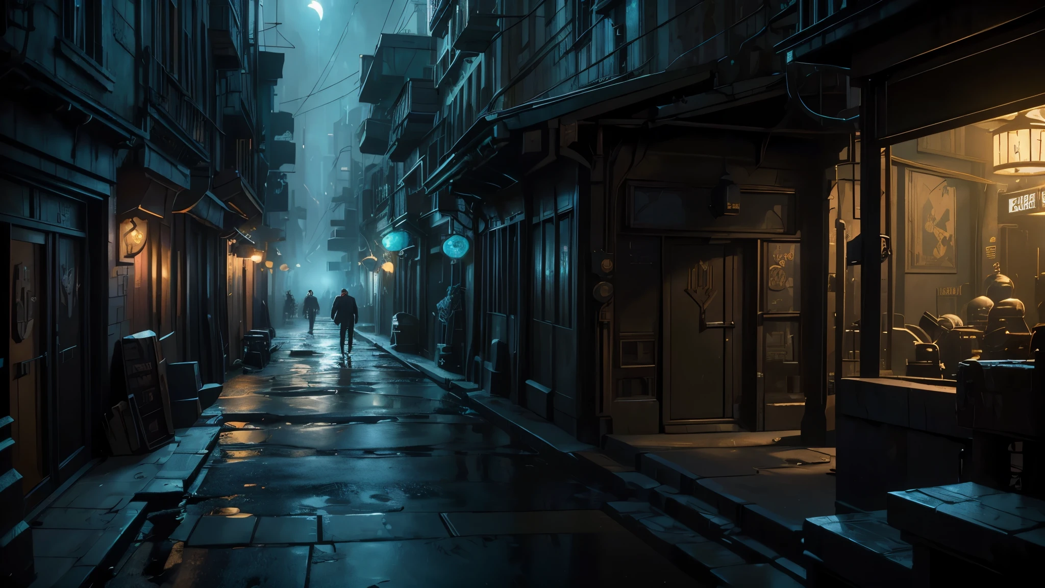 masterpiece:1.4, perfect quality, extremely detailed, 8k, in a dark alley, concept art, inspired by Carl Spitzweg, trends in the cg-community, conceptual art, stunning atmosphere, Intersection of the shady city, picturesque concept art, dark cinematic concept art, Urban concept art, high-quality digital concept art, dark concept art, BioShock concept art, concept art scene; on a ledge, inspired by Paul Leroy, winner of the cgsociety contest, in a sci-fi fantasy city, Stylized works of urban fantasy, Paul Leroy and Bip, digital concept art of dystopia, mystical sci-fi concept art, detailed digital concept art, colorful concept art