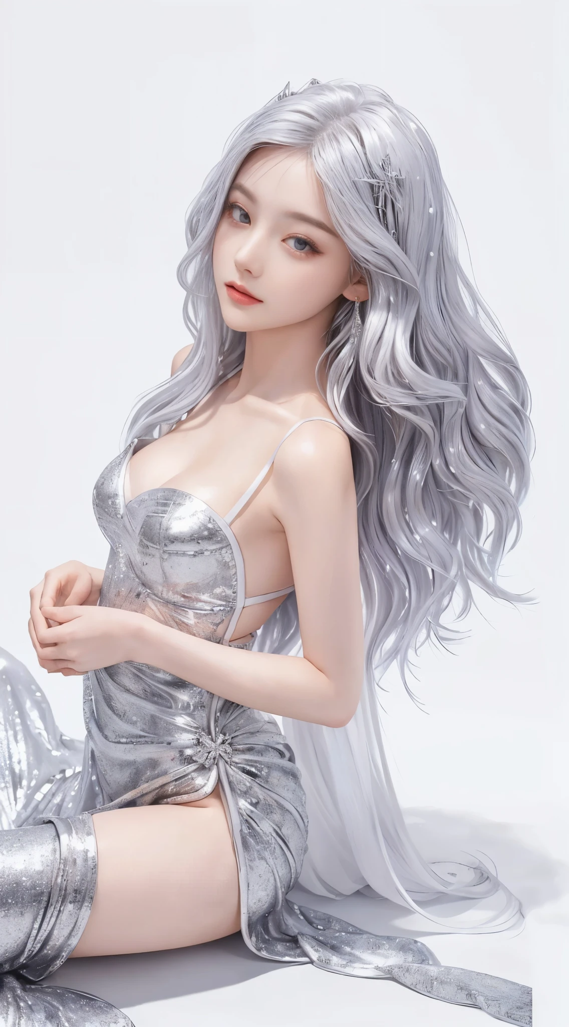 ((highest quality:1.3、8K、masterpiece))、1 girl、From diagonally above、detailed face:1.3、cute face、beautiful face、detailed eye、Beautiful woman、full body esbian、Silver long dress、Sparkling flared hem、White Gold Hair、straight long hair、art style, white background