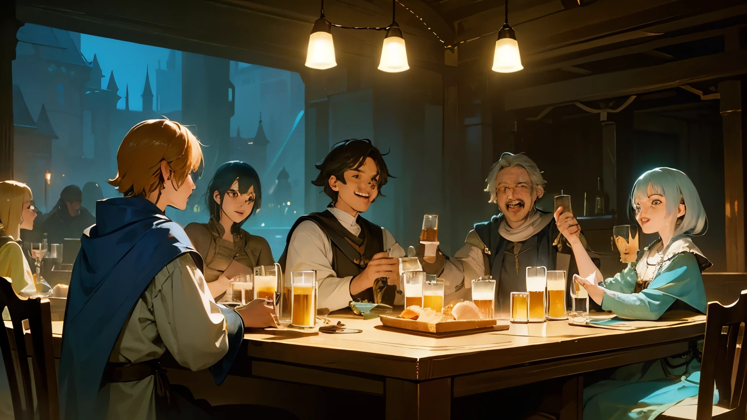 Masterpiece, best quality, a group of adventurers celebrating in a tavern, fantasy, medieval, night, dynamic pose, beautiful detailed brilliance((4 people of 4 different races sitting around a table)), they are happy and smiling, beer on the table, (((4 people toast with beer mugs)))+++, ((4 people hold beer))++, break 4 people are mixed gender,all smiling , happy atmosphere, break, detail, 4k highly detailed digital art, octane rendering, bioluminescence, cozy, mappa studio, official art, illustration, ligne clair, perfect composition, absurdity, fantasy, focus, rule of thirds
