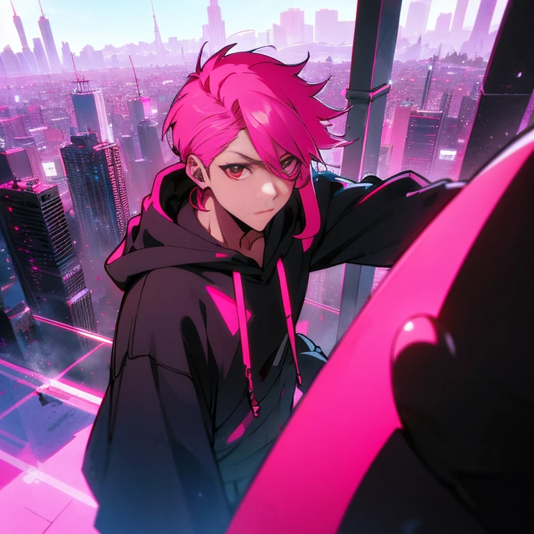 (shortcut), (two block hair), (bright pink hair), (red eyes), (cool pose), (man wearing headphones), (oversized hoodie), (Street style), (neon), (modern city), (neonデイライト), (cinematic), (stylish), (High resolution), (hyper-detailed), (soft town), (Nightcore), (a handsome guy), (natural appearance of the building), (IG studio anime style), (Low - Angle), (looking at the camera), (visualize)