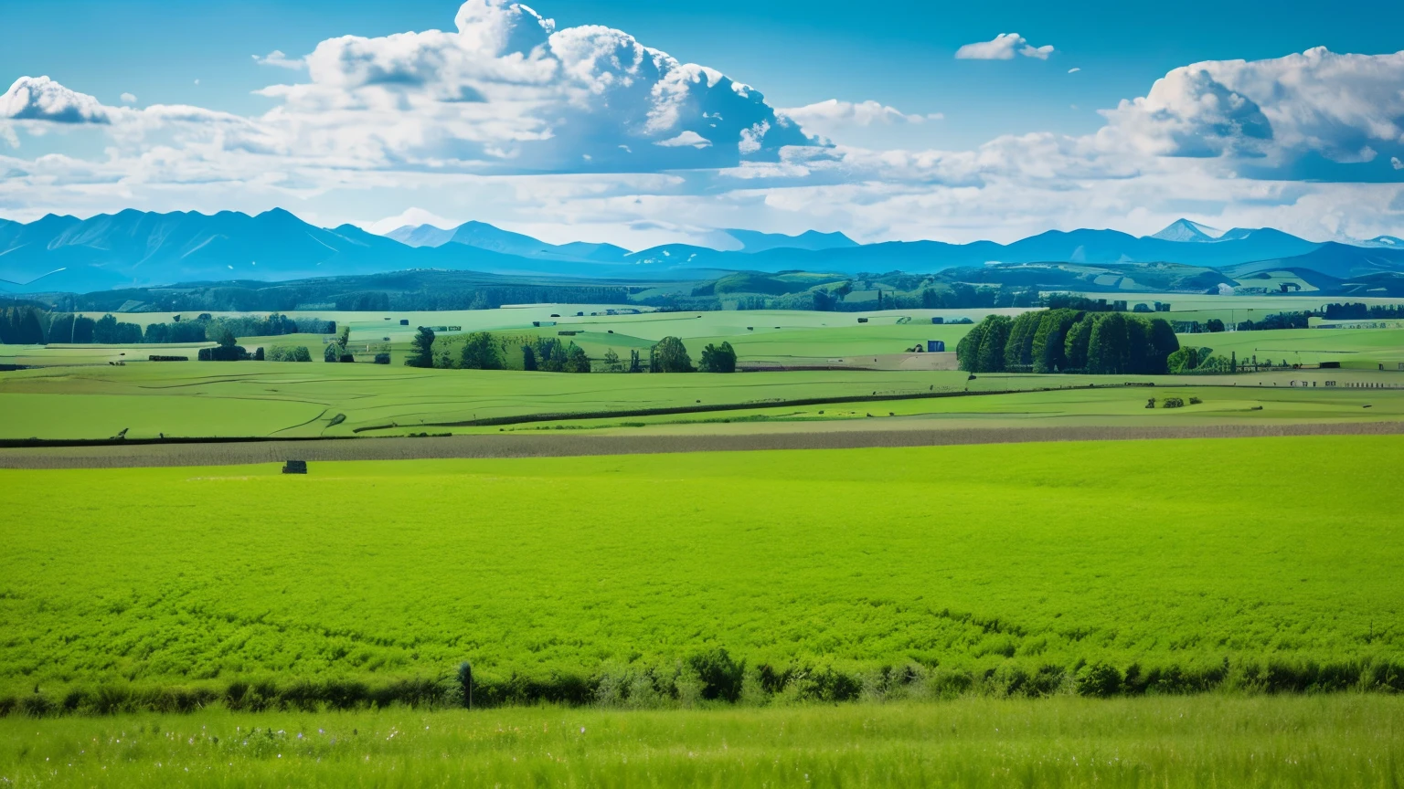 Vast grasslands of Hokkaido, Japan, real-life photography, endless green fields, distant
mountains, blue skies with fluffy clouds, Canon EOS R5, wide-angle lens, natural
landscape photo style, serene mood, soft natural light, wide perspective composition