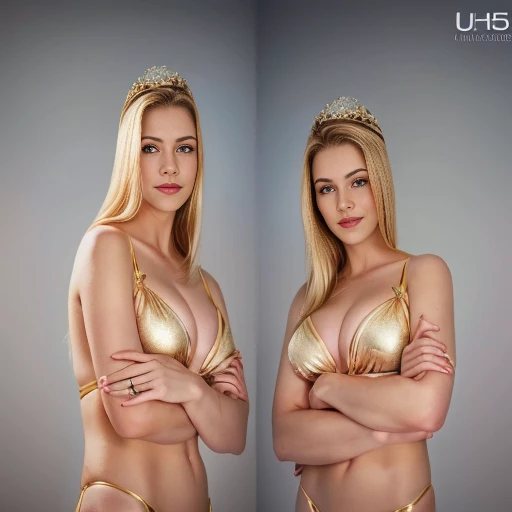 angel, armor gold (masterpiece, best quality, high resolution:1.4), 1girl, angel, skin pores texture, Hair blonde, HD , Photography, movie, cinematic, full Body, Realistic, (8k, RAW photo, best quality, masterpiece:1.2), (realistic, photo-realistic:1.33), best quality, detailed eyes blue, cute,natural lighting, depth of field, film grain, soft skin, sharp, detailed and realistic portrait of a woman , smirking lustful smile, barefeet together laying on bed, golden bikini, milf, bimbo, body over pink sheet, tiara, princess bedroom background, cover face with transparent veil, nice ass, thick hips, hands on hips
