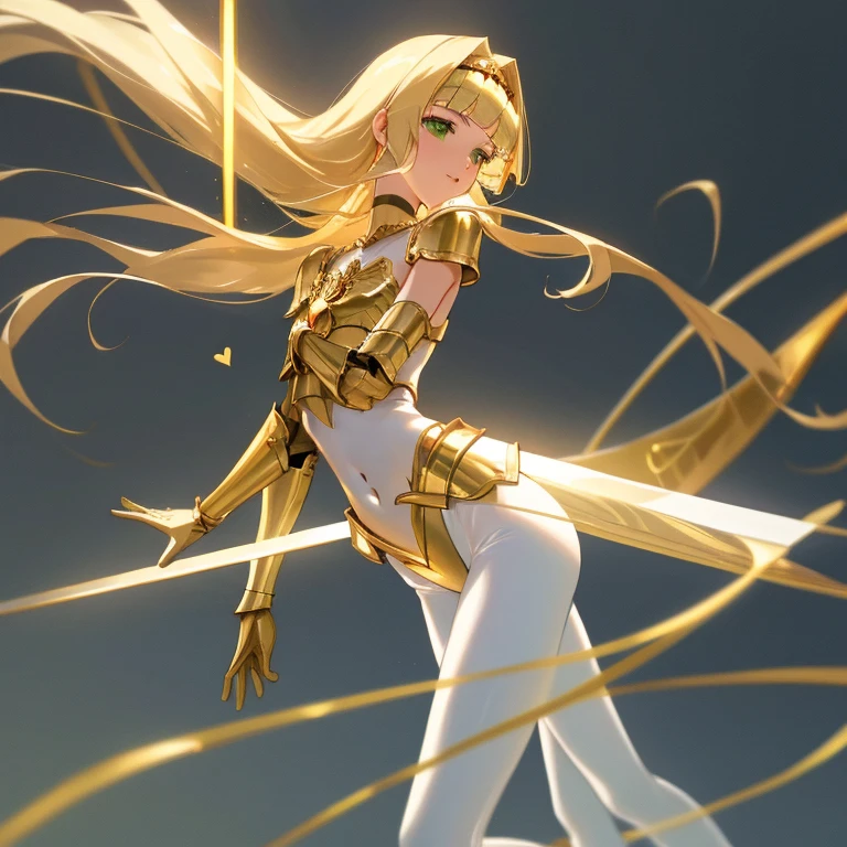 {{{{amazing quality, great quality, high quality, very aesthetic, aesthetic, best quality}}}}, 
realistic, photo, shadow, Three-dimensional, absurdres, Digital art, 
{{{{Princess Knight}}}}, beautiful girl, one girl, 
blonde hair, long straight hair, hair, trimmed hair, shiny hair, blunt bangs, short sideburns, 
green eyes, tareme, 
{{flat chest}}, {{small breasts}}, {{detailed body}}, slim thighs, thin thighs, 
{{{white full body tights}}}, {{{white underwear}}}, 
{golden breastplatered}, {golden chest armor}, {golden arm armor}, {golden leg armor}, 
covered navel, Visible chest, 
heart brooch, heart-shaped choker on left arm, white headband, white circlet, 