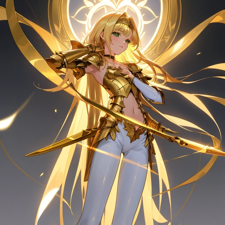 {{{{amazing quality, great quality, high quality, very aesthetic, aesthetic, best quality}}}}, 
realistic, photo, shadow, Three-dimensional, absurdres, Digital art, 
{{{{Princess Knight}}}}, beautiful girl, one girl, 
blonde hair, long straight hair, hair, trimmed hair, shiny hair, blunt bangs, short sideburns, 
green eyes, tareme, 
{{flat chest}}, {{small breasts}}, {{detailed body}}, slim thighs, thin thighs, 
{{{white full body tights}}}, {{{white underwear}}}, 
{golden breastplatered}, {golden chest armor}, {golden arm armor}, {golden leg armor}, 
{covered navel}, {visible chest}, {both shoulders expose}, 
heart brooch, heart-shaped choker on left arm, white headband, white circlet, sword, 