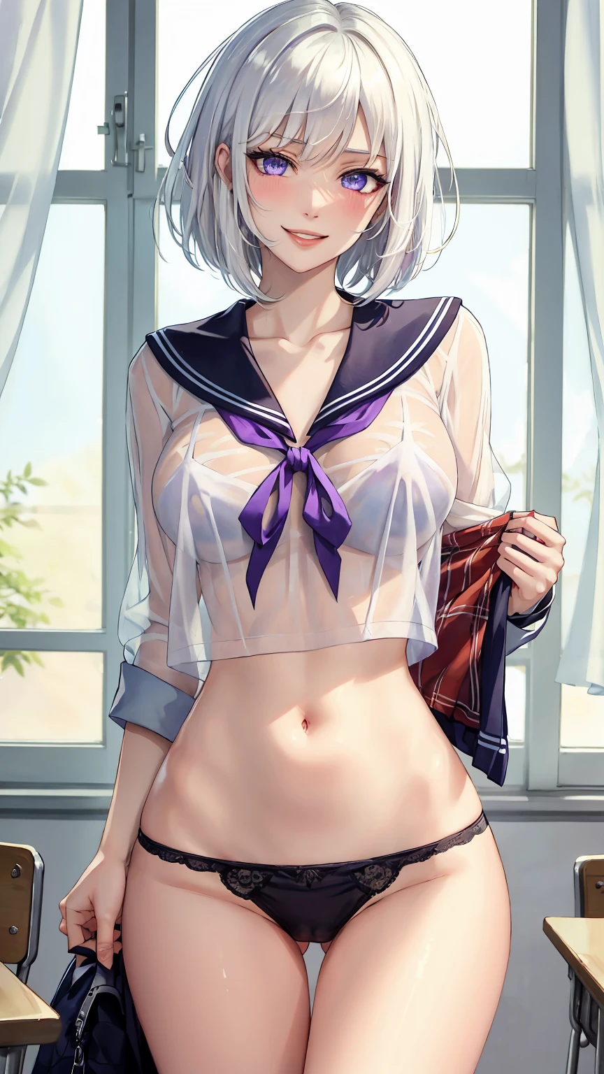 ((((masterpiece, best quality, high resolution)))), (1girl:1.5), ((short silky hair, white hair, purple eyes, sharp eyes)), (big breasts:1.2), (blushing), (cheeky smile, parted lips), glow, thighs, collarbone, narrow waist, (slender body figure), (beautiful detailed face, beautiful detailed eyes), ((jk sailor, see through material, red ribbon)), ((school uniform, plated skirt)), (standing up), looking at viewer, classroom, (cowboy shot), (((undressing)))