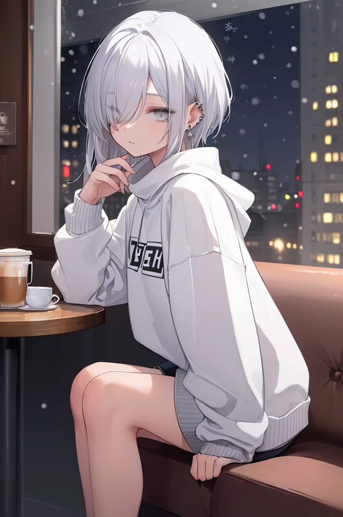 ((masterpiece:1.4, best quality:1.2)), 1girl, solo focus, beautiful skin, white sweatshirt, long white hair, grey eyes, sitting, earrings, piercing, coffee shop window, night, snowing, cityscape, tall female, beautiful and delicate female, comfy ambience, {correct posing}, {detailed background}, a miniskirt, hair over one eye