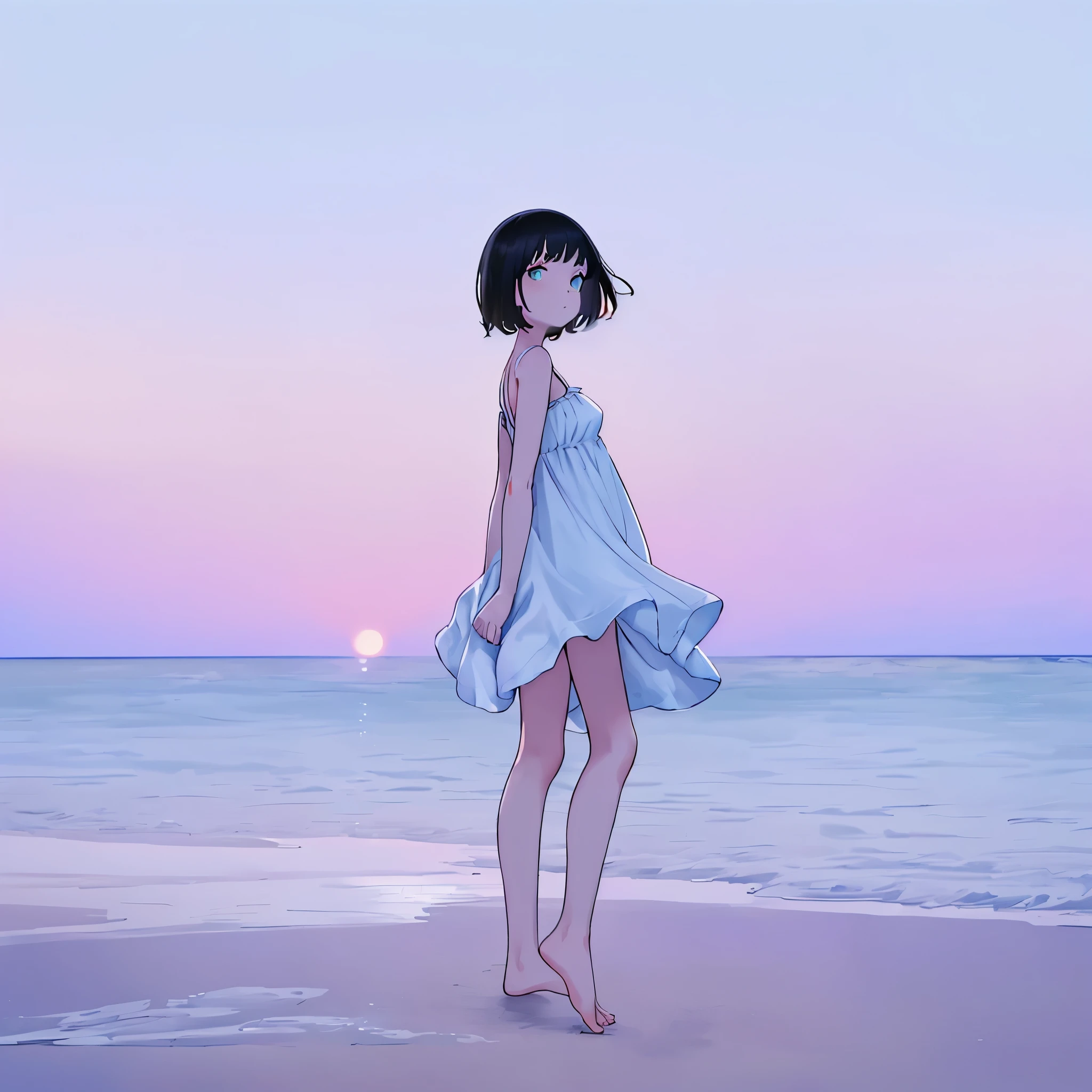 1girl wearing a plain white dress, short black hair, cyan eyes, looking at viewer, side view but her head is turned to face the camera, arms behind back, barefoot, walking at the beach, dawn, 8K, ultradetailed, masterpiece, sharp details, ultra high resolution