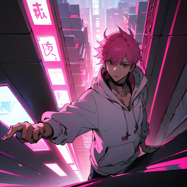 (top quality), (masterpiece), (Super detailed), (shortcut), (two block hair), (bright pink hair), (red eyes), (cool pose), (man wearing headphones), (oversized hoodie), (Street style), (neon), (modern city), (neonデイライト), (cinematic), (stylish), (High resolution), (hyper-detailed), (soft town), (Nightcore), (a handsome guy), (natural appearance of the building), (IG studio anime style), (Low - Angle), (looking at the camera), (visualize)
