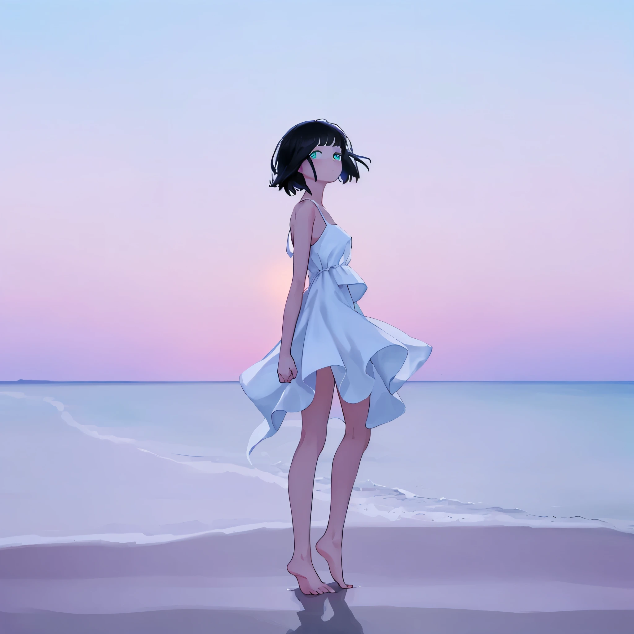 1girl wearing a plain white dress, short black hair, cyan eyes, looking at viewer, side view but her head is turned to face the camera, arms behind back, barefoot, walking at the beach, dawn, 8K, ultradetailed, masterpiece, sharp details, ultra high resolution