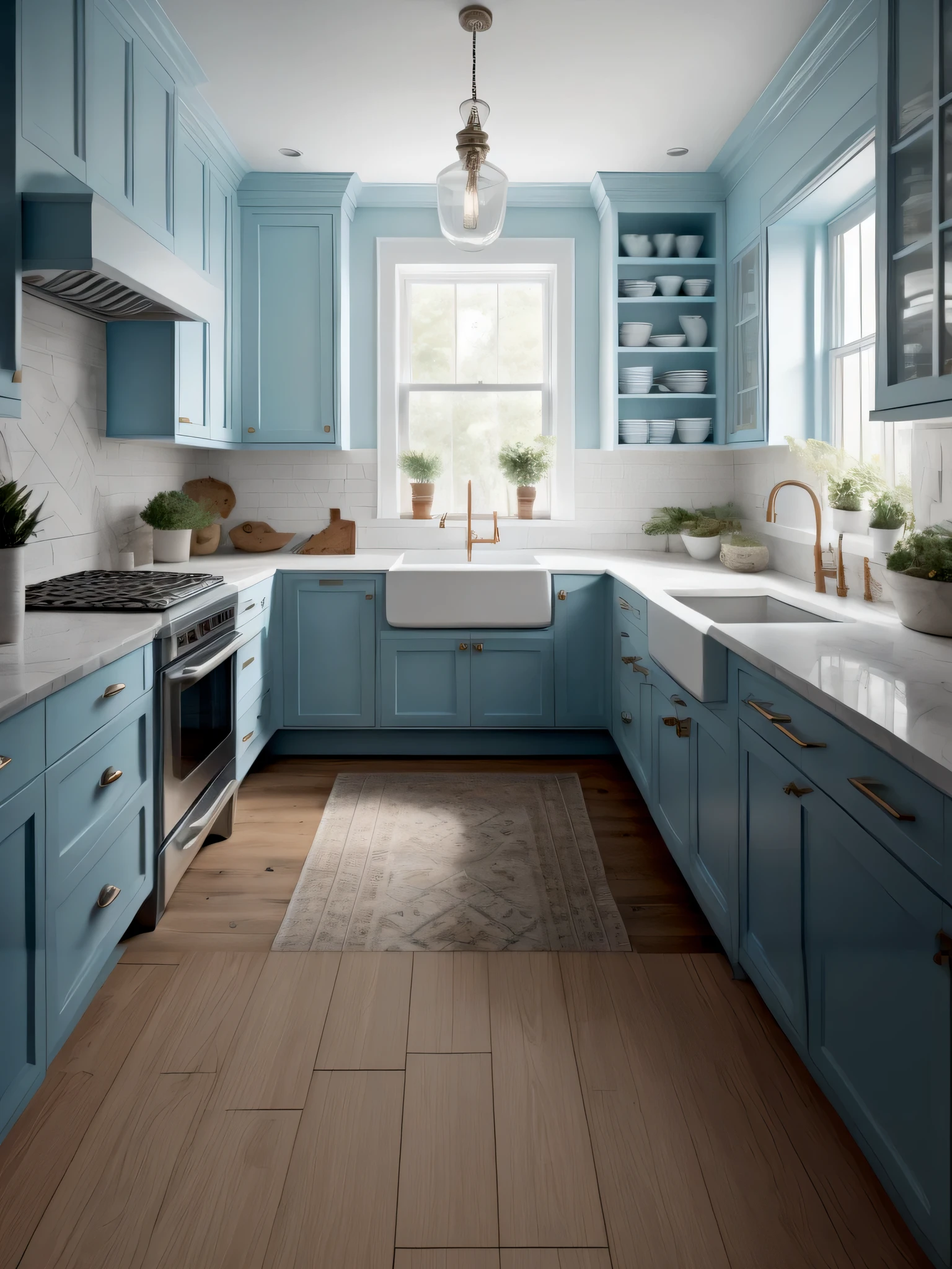 il y a une cuisine avec des armoires bleues et un évier blanc, rendu en corona, Rendu hautement photographique, Rendu en povray, rendu en vray, rendu en V-ray, Rendu très détaillé, stylisé comme un rendu 3D, Couleur&";, Excellent rendu 3D, Cuisine lumineuse éclairée par une fenêtre, Rendu magnifiquement détaillé, rendu en 3 DSMAX, Rendu artistique