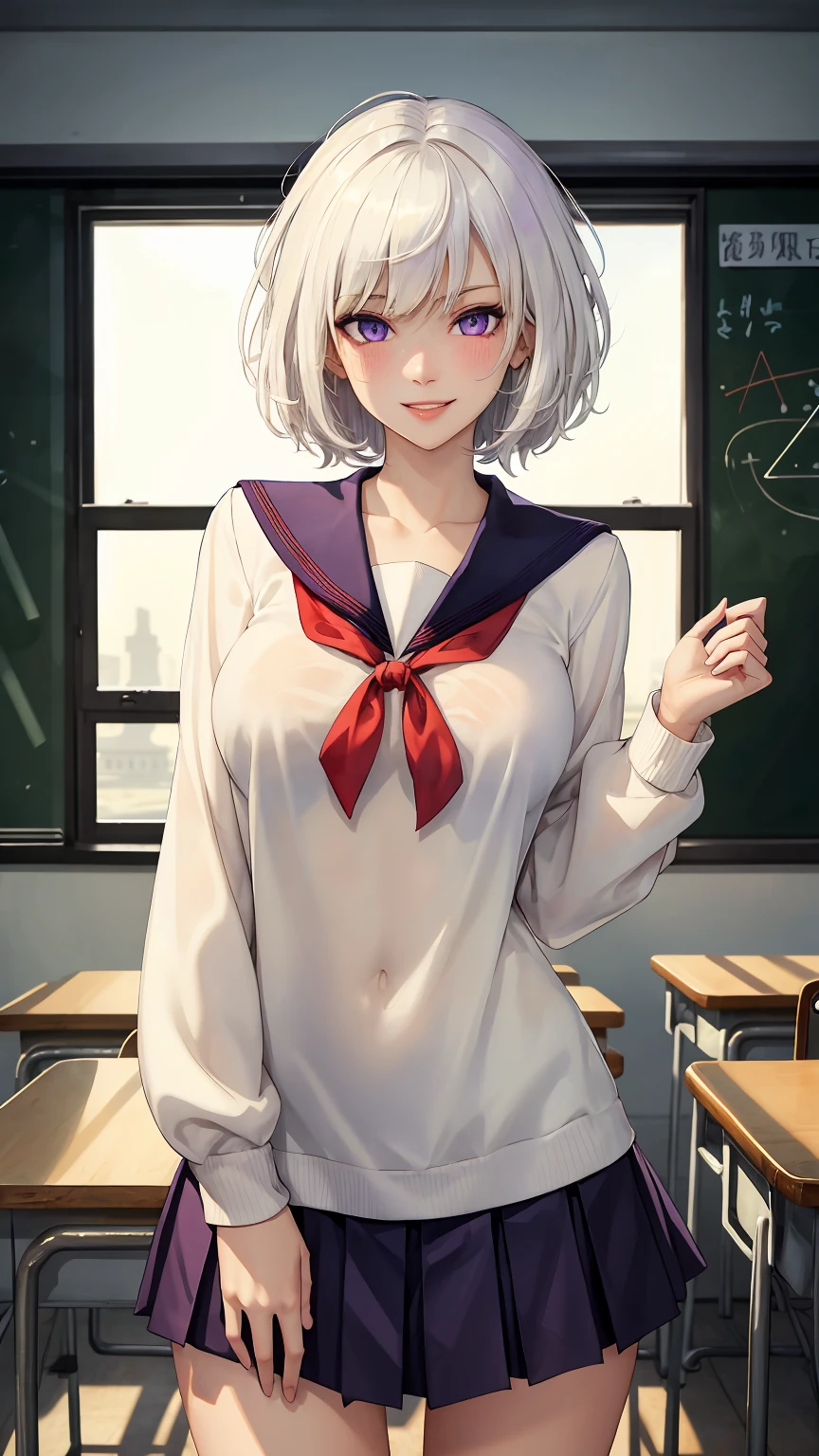 ((((masterpiece, best quality, high resolution)))), (1girl:1.5), ((short silky hair, white hair, purple eyes, sharp eyes)), (big breasts:1.2), (blushing), (cheeky smile, parted lips), glow, thighs, collarbone, narrow waist, (slender body figure), (beautiful detailed face, beautiful detailed eyes), ((sailor fuku, see through material)), ((red ribbon)), ((school uniform, plated skirt)), (standing up), looking at viewer, classroom, (cowboy shot)