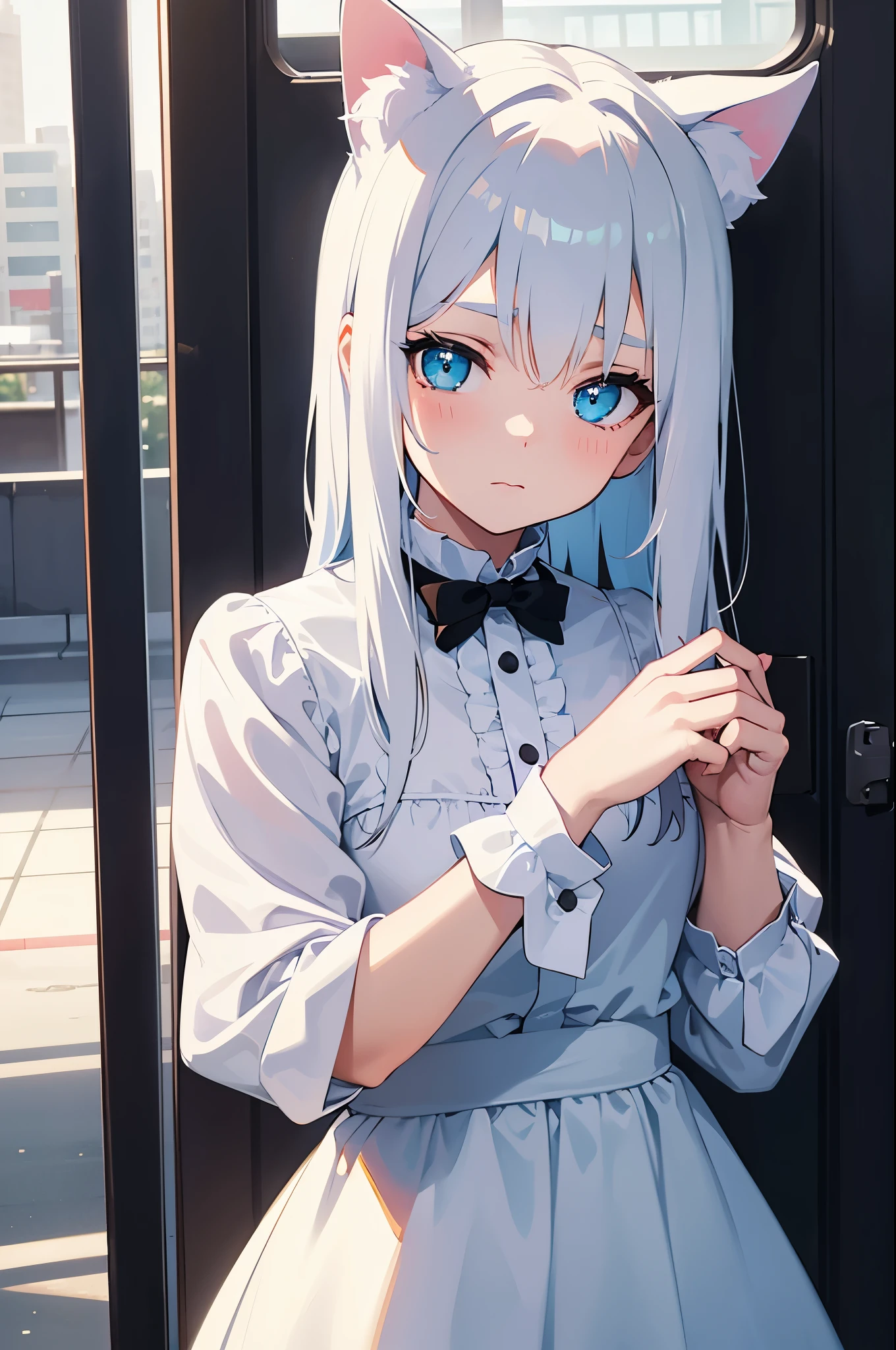 cute young girl, in the metro, white hair, cyan eyes, cat ears, ultra detailed, masterpiece, soft lighting, gazing out the window, holding her chin