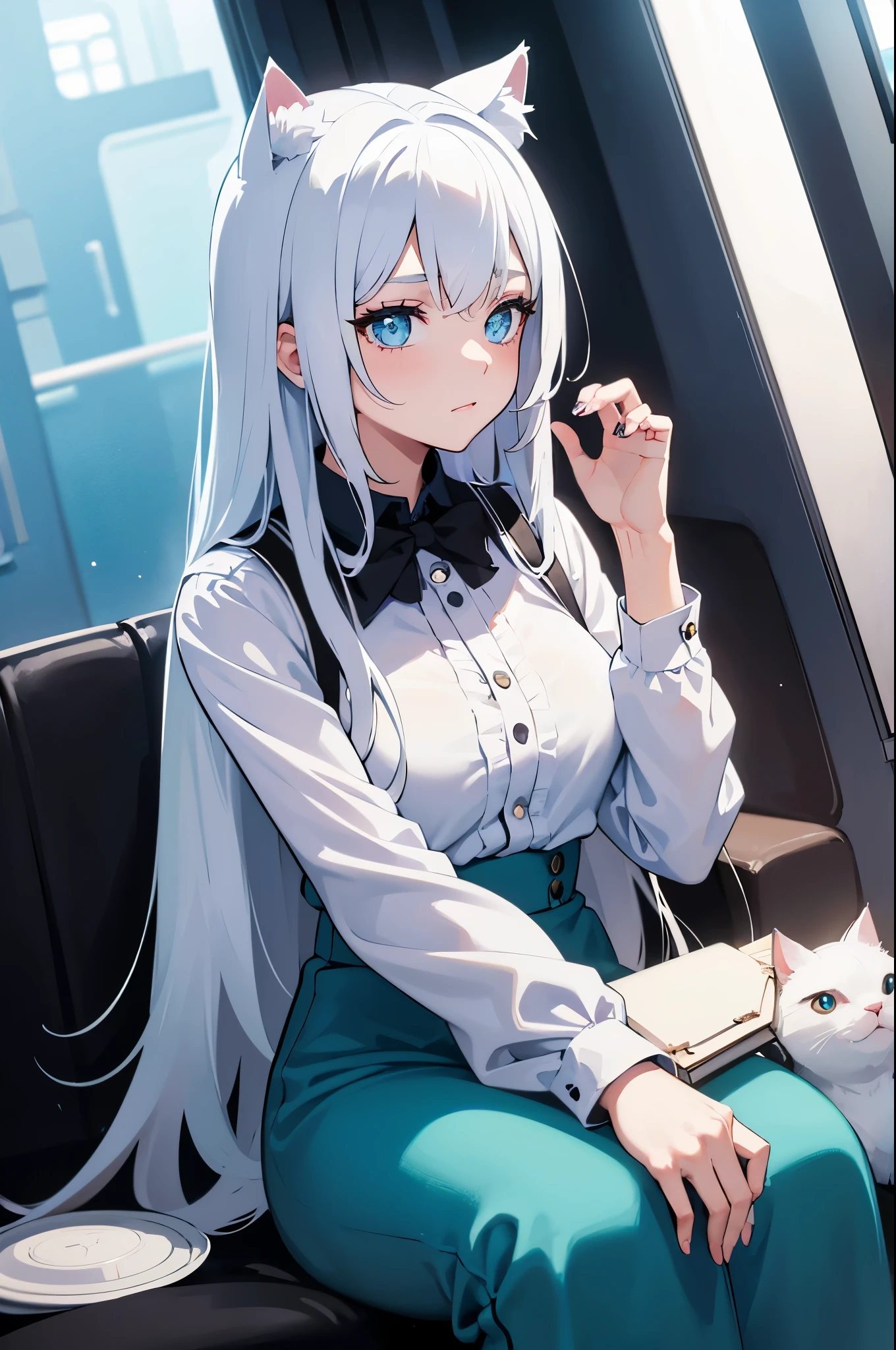 cute young girl, in the metro, white hair, cyan eyes, cat ears, ultra detailed, masterpiece, soft lighting, gazing out the window, holding her chin