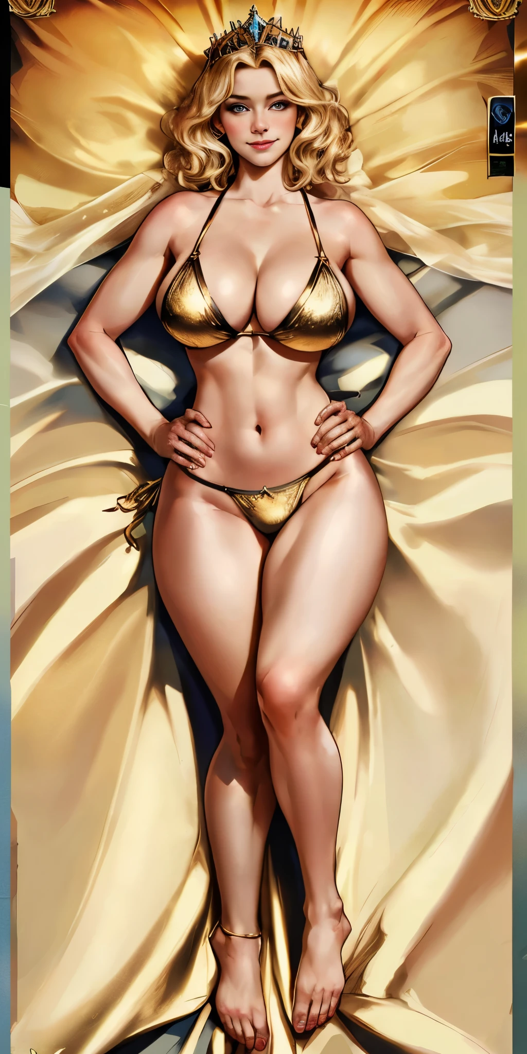 angel, armor gold (masterpiece, best quality, high resolution:1.4), 1girl, angel, skin pores texture, Hair blonde, HD , Photography, movie, cinematic, full Body, Realistic, (8k, RAW photo, best quality, masterpiece:1.2), (realistic, photo-realistic:1.33), best quality, detailed eyes blue, cute,natural lighting, depth of field, film grain, soft skin, sharp, detailed and realistic portrait of a woman , smirking lustful smile, barefeet together laying on bed, golden bikini, milf, bimbo, body over pink sheet, tiara, princess bedroom background, cover face with transparent veil, nice ass, thick hips, hands on hips