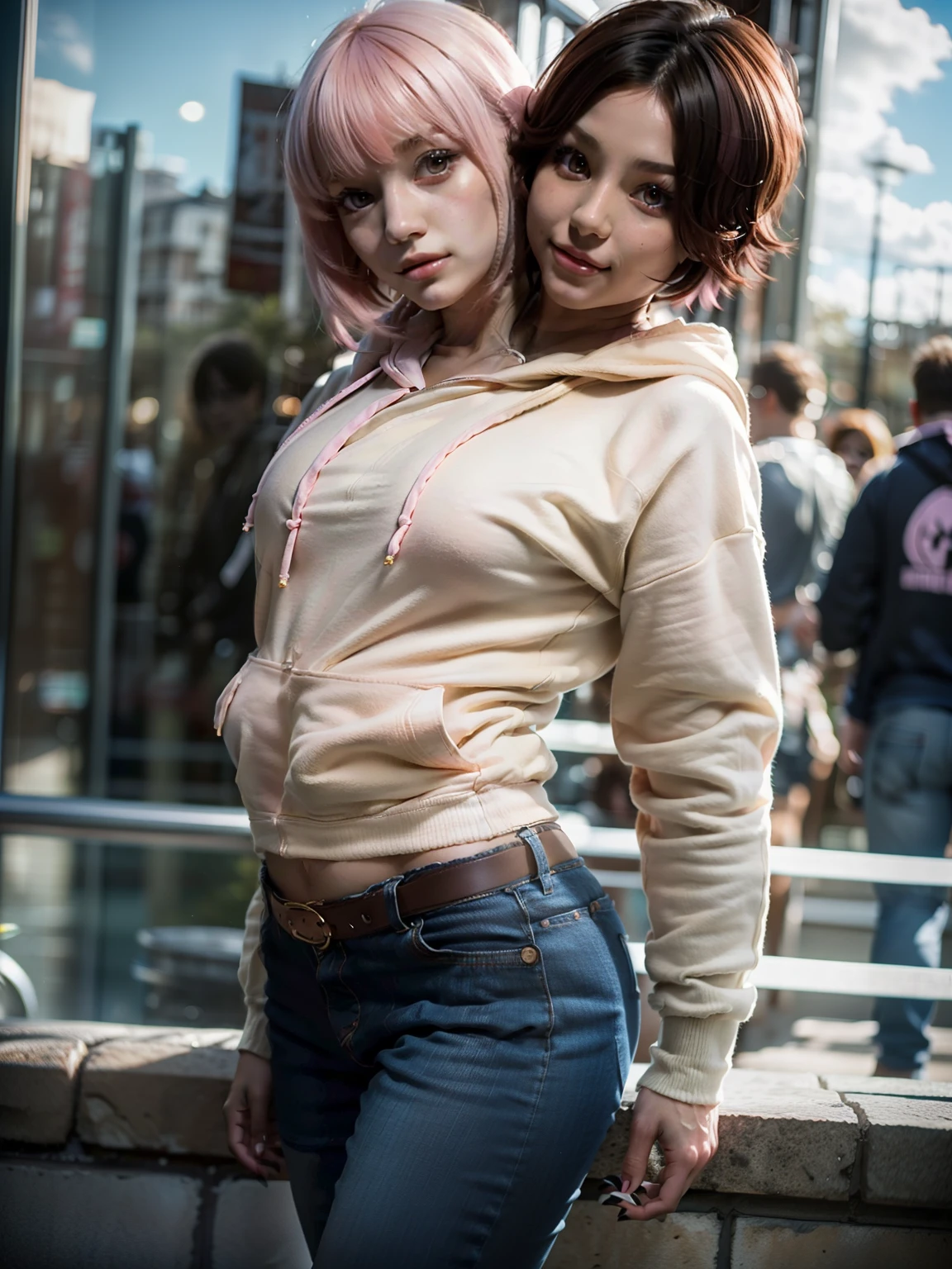(2heads:1.1), (1boy:1.2), (male female couple), red eyes, short pink hair, short blonde hair, cute, (masculine:1.5), (masterpiece), (high quality), (best resolution), :D, cute face, black nails, looking at viewer, anime convention, beautiful background, dynamic pose, (pink hoodie:1.5), jeans, bulge, (wide hips:1.3), (thick thighs:1.3), (masculine chest:1.2), (flatchested)