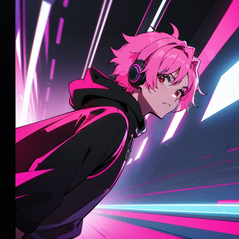 (top quality), (masterpiece), (Super detailed), (shortcut), (two block hair), (bright pink hair), (red eyes), (cool pose), (man wearing headphones), (oversized hoodie), (Street style), (neon), (modern city), (neonデイライト), (cinematic), (stylish), (High resolution), (hyper-detailed), (soft town), (Nightcore), (a handsome guy), (natural appearance of the building), (IG studio anime style), (Low - Angle), (looking at the camera), (visualize)