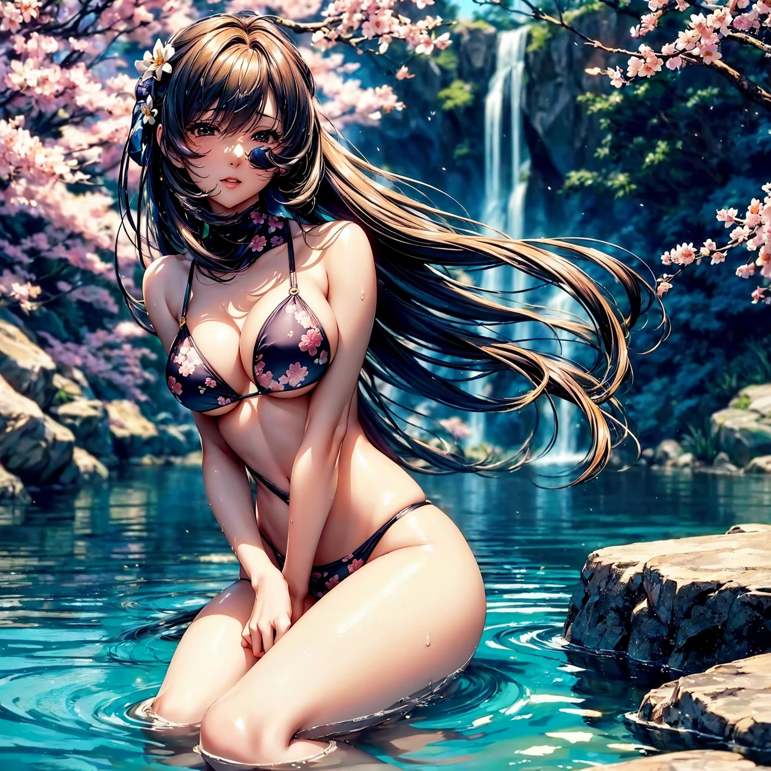 (((highest quality、masterpiece、very high resolution))),(There is a woman with perfect and ultimate beauty..,beautiful figure,beautiful face,beautiful skin,beautiful breasts,Well-formed eyes and nose)、(Beautiful breasts with a slender body shape:F cup,best hair texture,Best skin texture)、((Cute bikini swimsuit:floral and colorful)),(Fantastic waterside,There is a waterfall,Night cherry blossoms and lanterns,mysterious night sky、beautiful scenery),(water play,beautiful pose,model shoot,Hair flutters under the influence of the wind),realistic portrait,bijinga,(highly detailed images、accurate image、Perfect Image 1.5)、beautiful anime woman, beautiful art style, anime character、Overall image、accurate anatomy、Image without defects、natural soft light、beautiful images、(best shot,RAW photo)