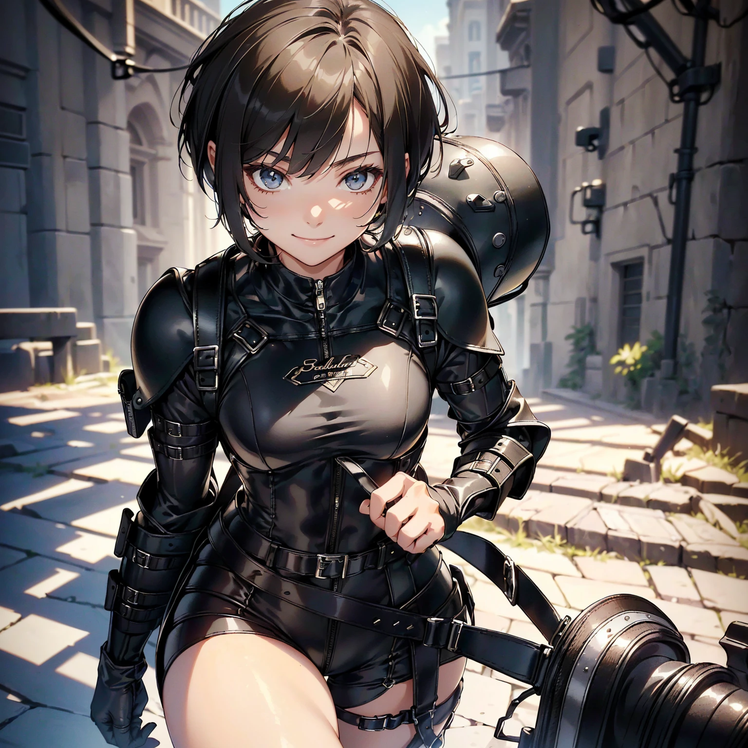 (masterpiece、highest quality、highest resolution、clear_image、detailed details): (whole body、18 year old female fighter，Slender、small face、black super bob short hair、Shiny black tight combat uniform，tight suit、Gentle smile、Backpack)