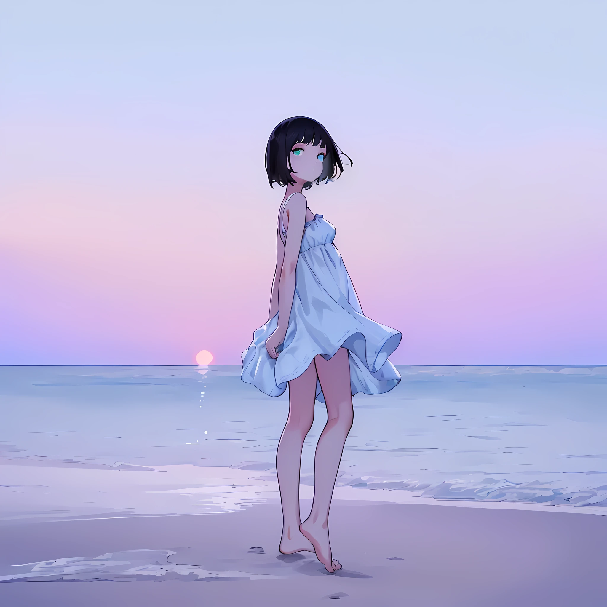 1girl wearing a plain white dress, short black hair, cyan eyes, looking at viewer, side view but her head is turned to face the camera, arms behind back, barefoot, walking at the beach, dawn, 8K, ultra detailed, masterpiece, sharp details, ultra high resolution, highly detailed face