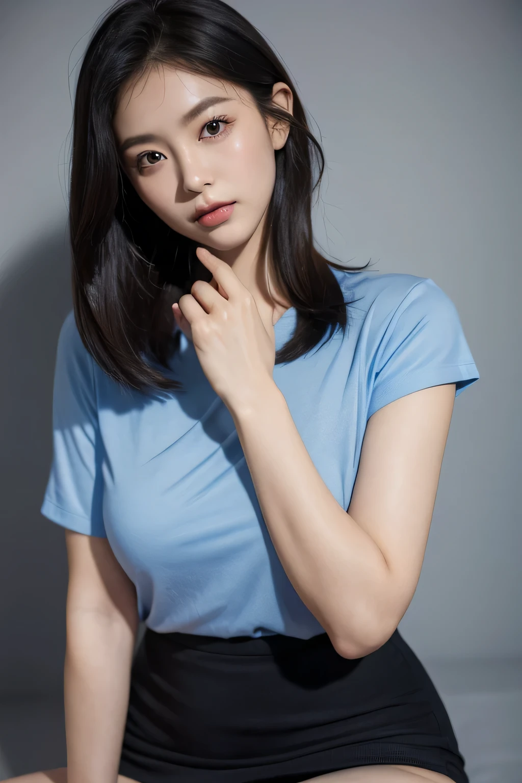 (masterpiece、high quality),(perfect beauty、perfect anatomy、beautiful limbs、beautiful skin)、blue shirt、skirt、panty shot,one woman,sexy pose,(Magic Show),plump body,glowing skin,cute face,beautiful face,double eyelid,embarrassing,bob hair,black hair,black eye,Mysterious,high quality,realistic,gravure,adult woman,Snazzy,Japan、grassland、
