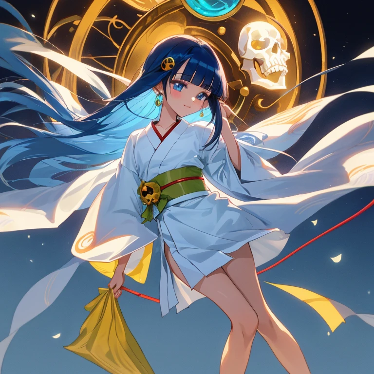 {{{{amazing quality, great quality, high quality, very aesthetic, aesthetic, best quality}}}}, 
realistic, photo, shadow, Three-dimensional, absurdres, Digital art, 
{{{{Magical girl}}}}, beautiful girl, one girl, 
{{{{{Yukikohime}}}}} {dororon Enma-kun Mela Mela}, {Dororon Enma-kun Mela Mela's Yukikohime}, 
light blue hair, long straight hair, hair, trimmed hair, shiny hair, blunt bangs, short sideburns, 
blue eyes, tareme, 
{{flat chest}}, {{small breasts}}, {{detailed body}}, slim thighs, thin thighs, 
{{white mini kimono}}, {{yellow kimono obi}}, {{skull-shaped hair ornament}}, barefoot, Geta for women, 
No panties, no bra, 
