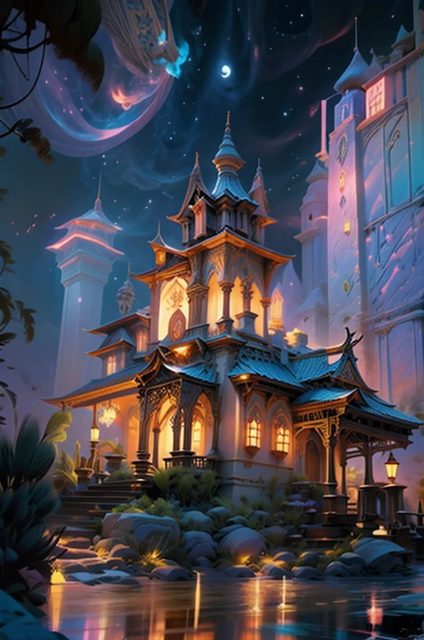 迪士尼castle，night view，castle，Colorful fireworks in the background，一座宏伟的童话般的castle在远处很高，Tower decorated with sparkling pastel colors and sparkling Disney-style windows，castle，minaret，arch，meticulous details，ornate decoration，dreamy feel，fairytale atmosphere，animated colors，Eye-catching appearance——ar9：16