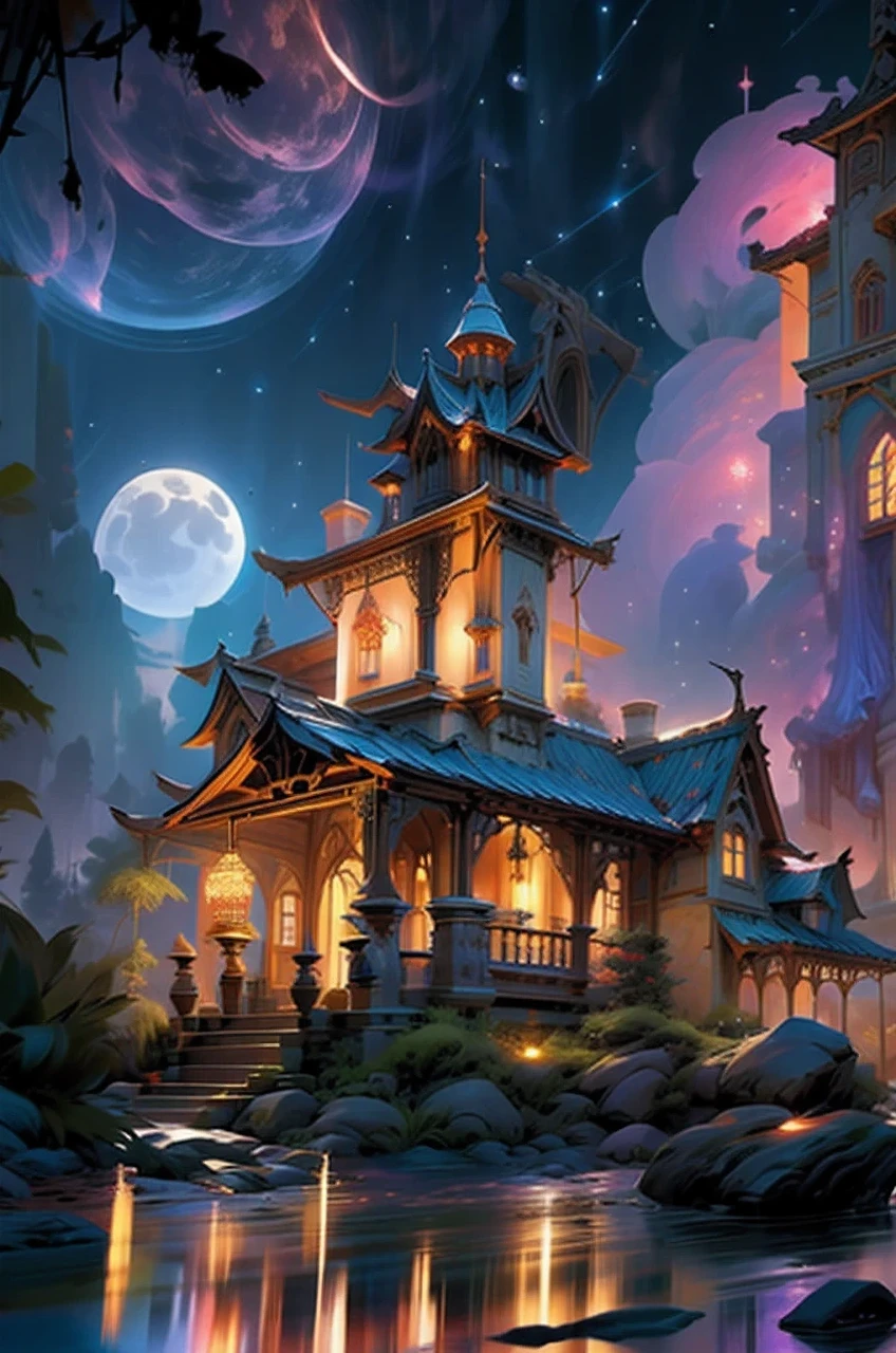 迪士尼castle,night view,castle,Colorful fireworks in the background,一座宏伟的童话般的castle在远处很高,Tower decorated with sparkling pastel colors and sparkling Disney-style windows,castle,minaret,arch,meticulous details,ornate decoration,dreamy feel,fairytale atmosphere,animated colors,Eye-catching appearance——ar9:16
