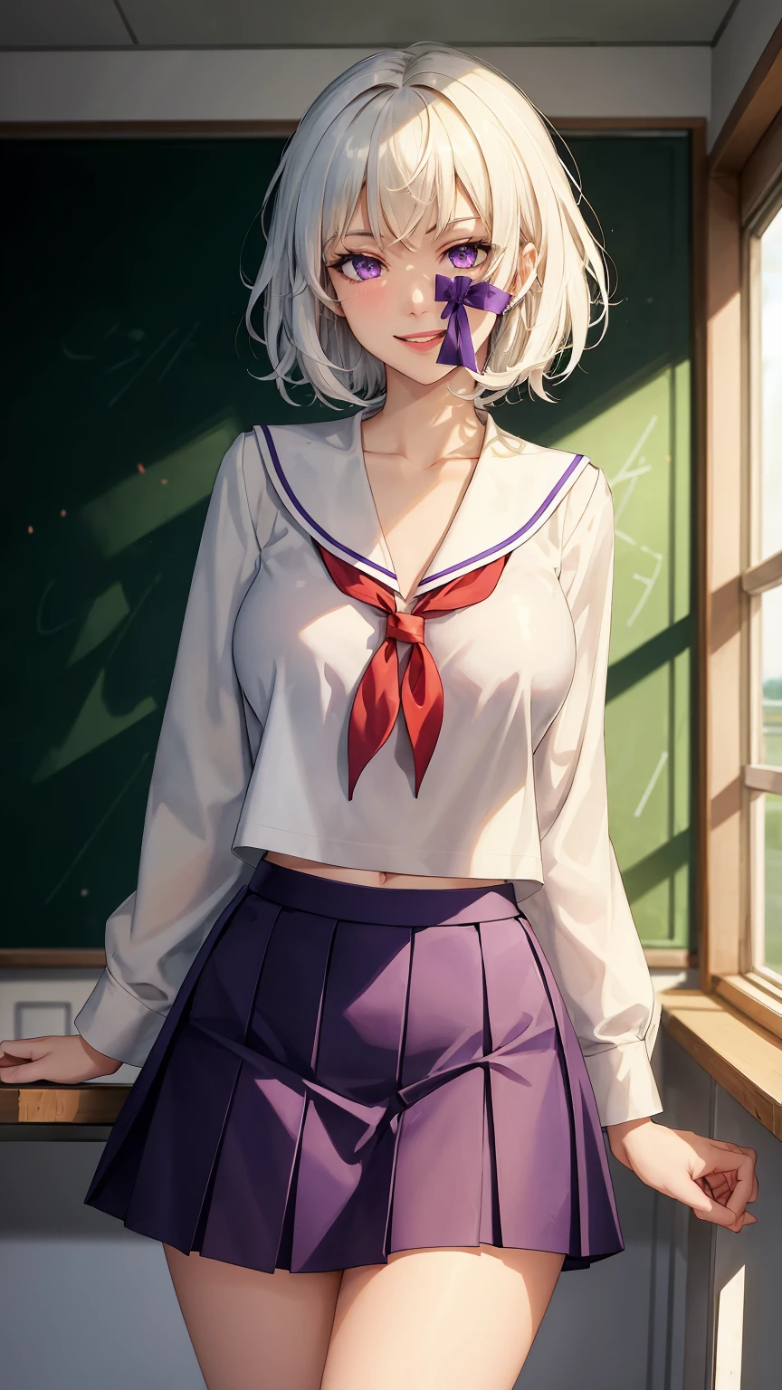 ((((masterpiece, best quality, high resolution)))), (1girl:1.5), ((short silky hair, white hair, purple eyes, sharp eyes)), (big breasts:1.2), (blushing), (cheeky smile, parted lips), glow, thighs, collarbone, narrow waist, (slender body figure), (beautiful detailed face, beautiful detailed eyes), ((sailor fuku, see through material)), ((red ribbon)), ((school uniform, plated skirt)), (standing up), looking at viewer, classroom, (cowboy shot), (((undressing)))
