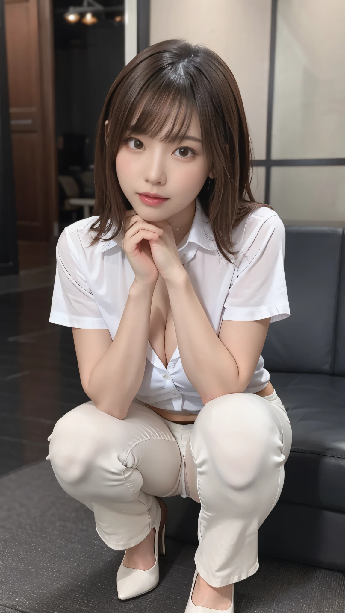 (8K、nffsw、high resolution)、((((picture、Raw photo、hyper realism、masterpiece、highest quality、Super high resolution))))、(pin light、Backlight、Backlight、cinematic light)、sharp focus:1。4、(hyper detail、small details)、cowboy shot、 1 girl、oval face、big, Beautiful eyes like a cat、small and slightly plump lips,,,,,,,,,,,,,、thick eyebrows、long and beautiful eyelashes。Transparent throughout makeup、Put sparkling pink lip gloss on your cheeks.。(((Wavy dark brown medium hair)))。(((white shirt)))、big and full breasts、cleavage、25 years old、(droopy eyes 1.5)、 beauty、Japanese、(((white panties)))、(8KRaw photo、highest quality、Masseter muscle part:1.2)、super detailed、super resolution、(realistic、realisticpicture:1.37)、Portrait、高精細RAWカラーpicture、professional photography、hvery detailed and beautiful、very detailed、8K画像wallpaper、amazing details、huge file size、official art、Hvery detailed CG Unity 8Kwallpaper、hvery detailed beautiful girl、very detailedな顔、very detailedな目、very detailedな肌、very detailedな指、hvery detailed nose、very detailedな詳細な口、perfect anatomy、detailed background、cute、realisticな体つき、white skin、glowing skin、handsome body、cute、cute faces、lifelike face、delicate eyes、look at the camera、positive、thick tight、(Hvery detailed white skin)、shiny、troubled face、excited face、Muchimuchi、(View from the front:1.2)、(JapaneseのOL:1.2)、(knees:1.3)、(((lift the skirt、lift the skirt with both hands,、lift the skirt yourself、I can see white pants)))、dark officeで、((squat exercise:1.3))、((low angle shot:1.2))、(((I'm wearing high heels)))、(((dark office)))、