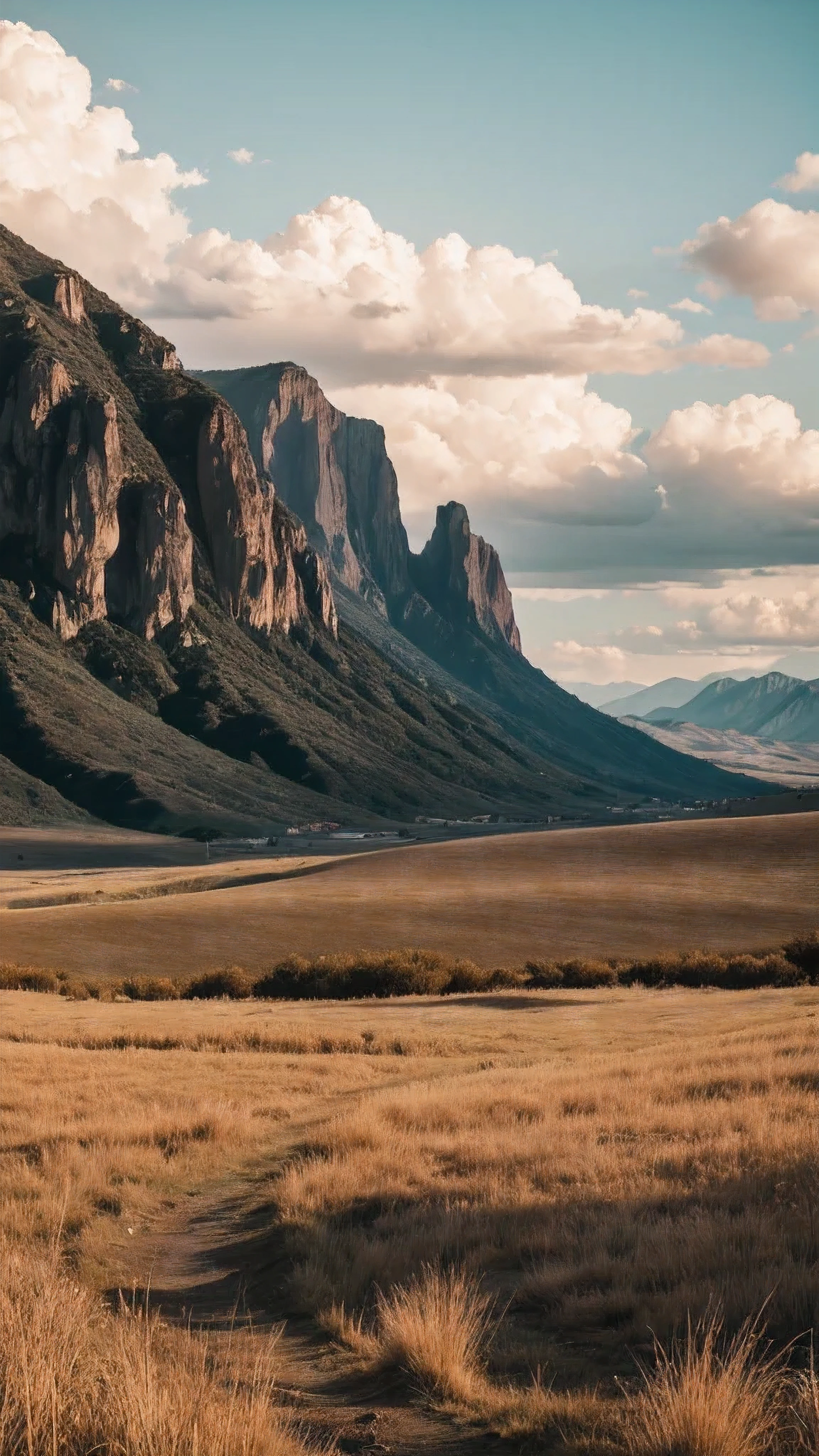 Landscape with dry tall grass and cloudy mountains in the background, hiperrealista, Obra maestra, colores naranja y verde del ambiente, small details, fotorrealista, Foto ultrarrealista, 8k UHD, digital slr camera, Soft lighting, alta calidad, film grain, Fujifilm XT3