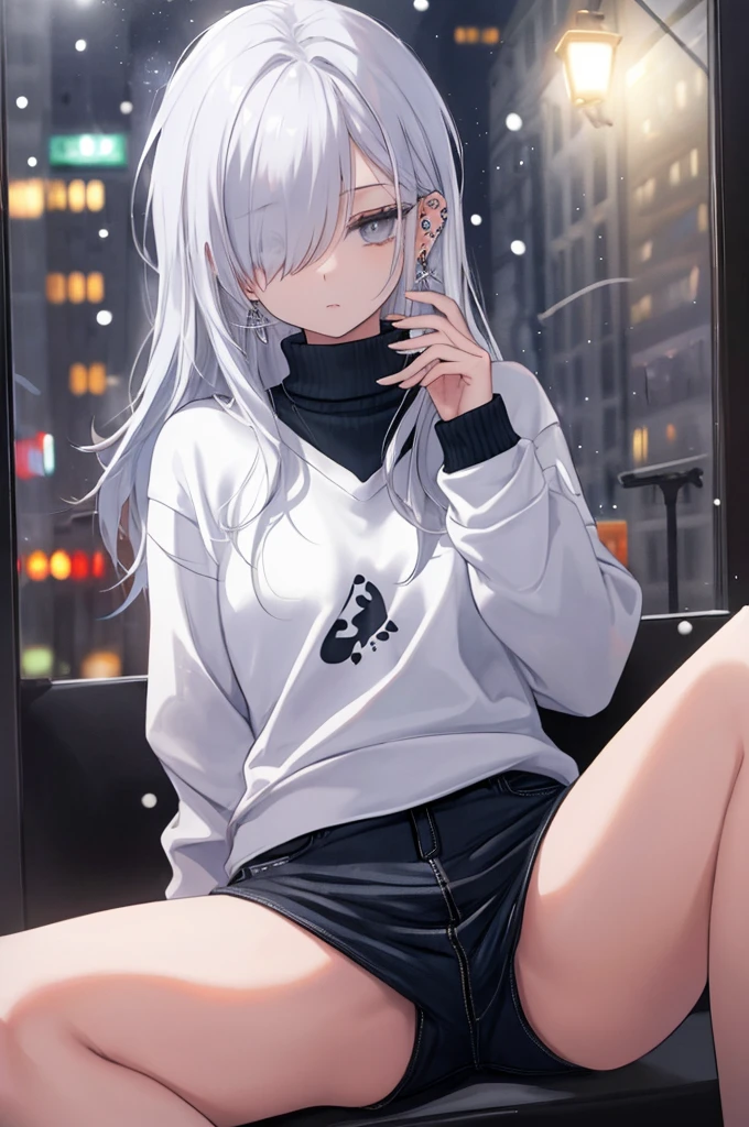 ((masterpiece:1.4, best quality:1.2)), 1girl, solo focus, beautiful skin, white sweatshirt, long white hair, grey eyes, sitting, earrings, piercing, coffee shop window, night, snowing, cityscape, tall female, beautiful and delicate female, comfy ambience, {correct posing}, {detailed background}, a miniskirt, hair over one eye, Spread your legs