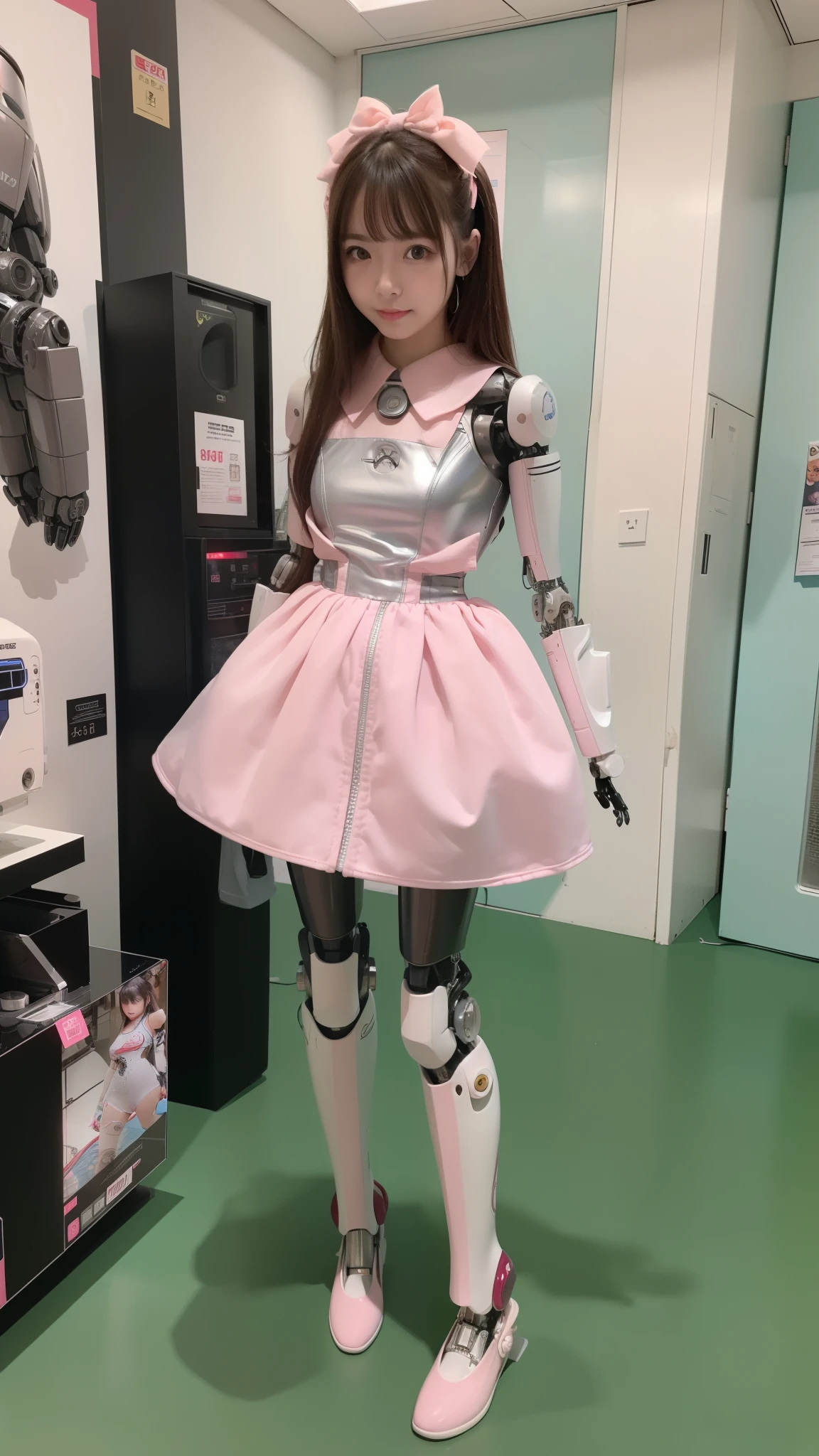 (Photorealsitic:1.4)、one robot woman、(top-quality)、(hyperdetailed face)、(Super well-formed face)、(Robot Parts)、(Female-Robot)、(25 years-old)、(Blue)、(pink there)、(Burgundy)、(metallic)、(full-body)、(sexy pose)、(Slender body)、(Model body type)、(full body mech)、(mechanical exposure)、(Akihabara)、(is looking at the camera)、(A dark-haired)、(Well-proportioned lady)、(a small face)、(a small head)、(well-groomed fingers)、(Idol)、(front facing)、(Standing with legs open)、(Photo session)、(Looks sad)、(perfect-female-robot)、(perfect-mechanical-body)