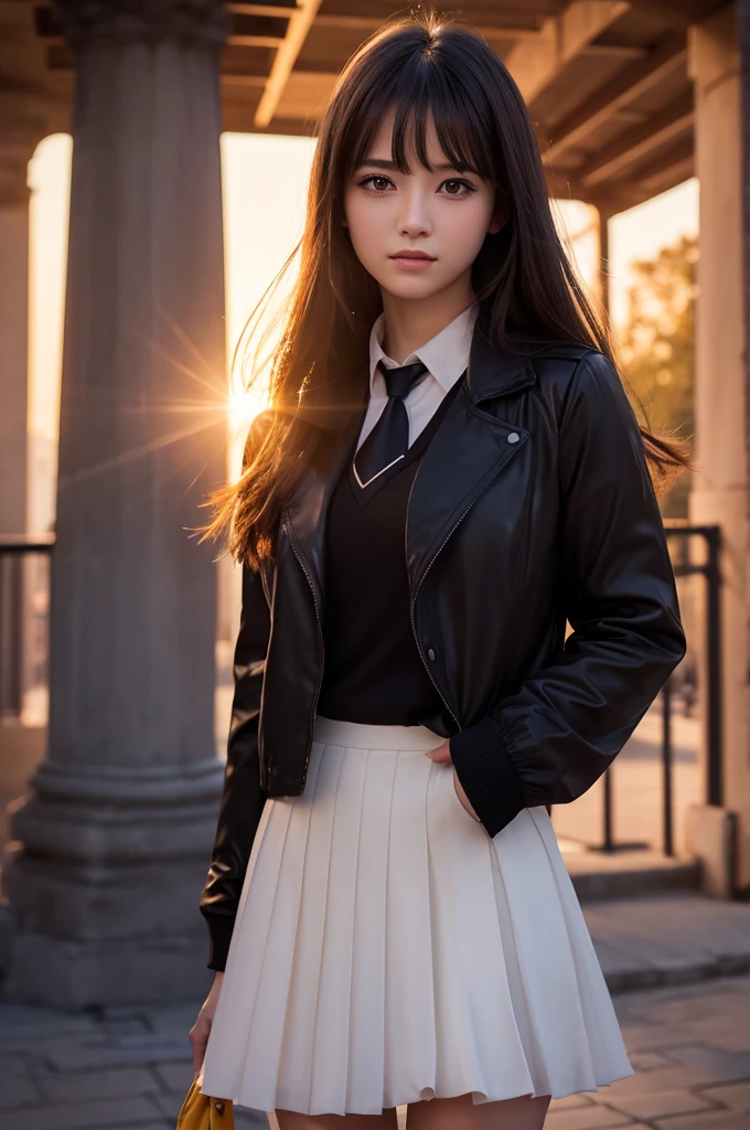 1 girl, intricate details, masterpiece, highest quality, very detailed,cinematic lighting, beautiful delicate shine, Beautiful detailed face and eyes, 8K, dark intense shadow, yellow eyes, medium hair, black hair, bangs, floating hair, black jacket, open jacket, white shirt, Expressionless, yellow necktie, black skirt, Spotlight, sunlight, sunrise, Gradient sky, city, Lens flare, cowboy shot, [[winding]], [mature woman]