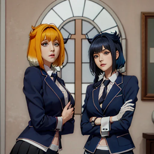 Roxxane, blue blazer, tie, pleated skirt, one glove, white thighhighs