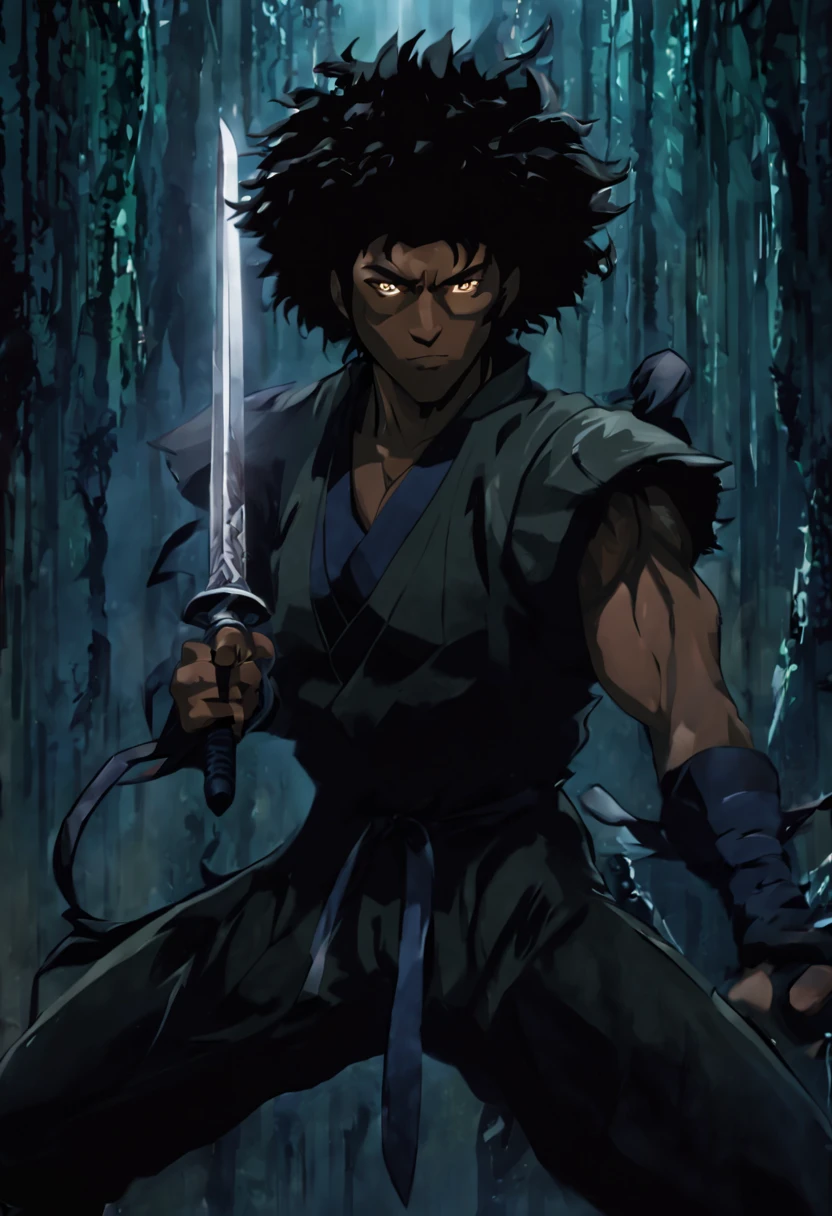 (best quality, highres, ultra-detailed:1.2), black African american male anime ninja, carrying a sword, dark brown skin, black african male features, dark atmosphere, intense action, stealthy movements, full body pose, complete body in frame, solo mission, dynamic poses, all black ninja attire, black ninja mask, intense eyes, black afrocentric hair, black afro, african American hairstyle, darkest brown skin, coffe dark skin, intricate details, ninja boots, energetic background, vibrant colors, comic book style, dramatic lighting, sharp focus