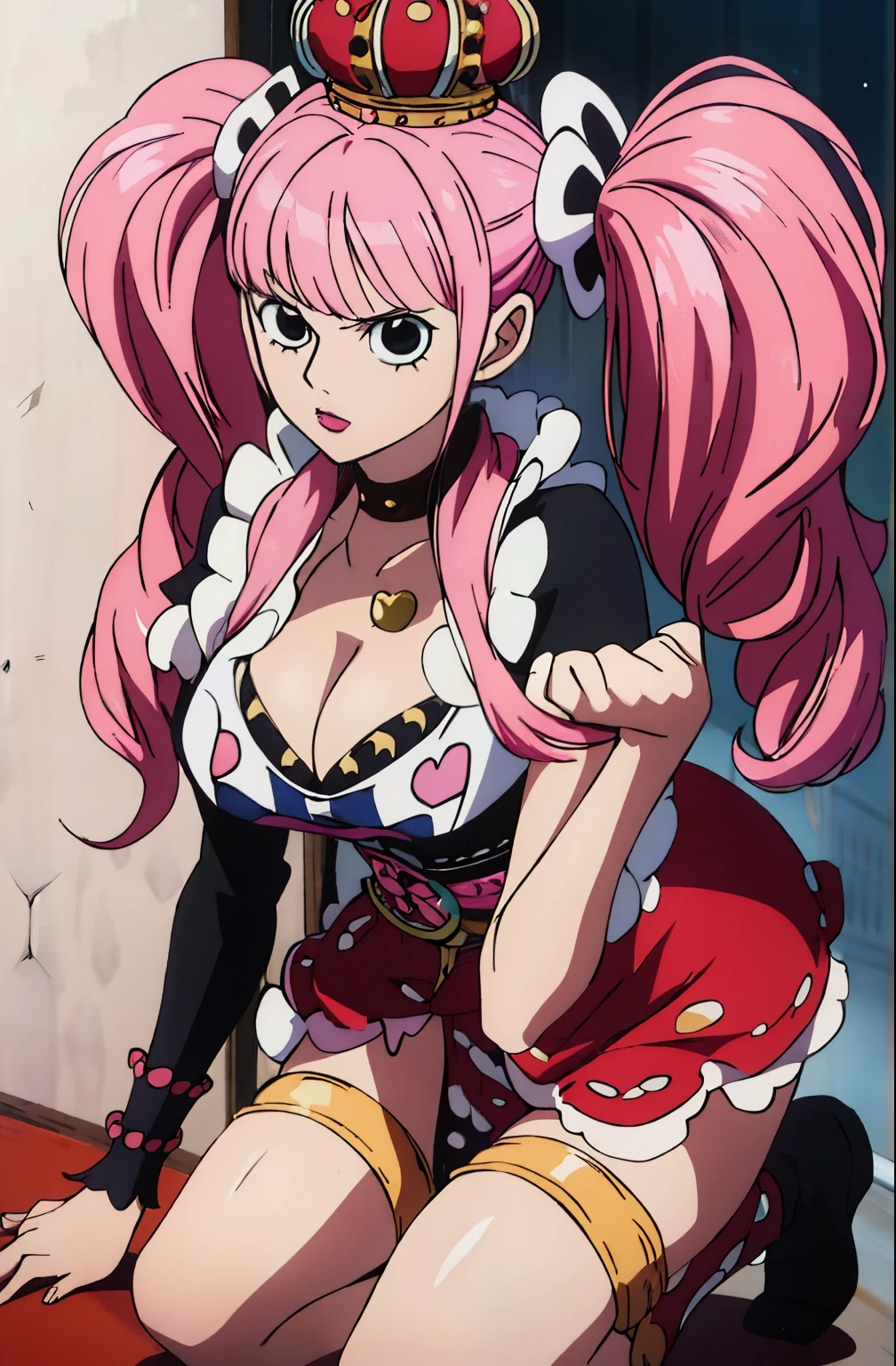 2d anime, woman, perona from one piece, eiichiro oda's art style, crown, long pink hair pigtails, cleavage, kneeling, sexy, fair skin, masterpiece, best quality