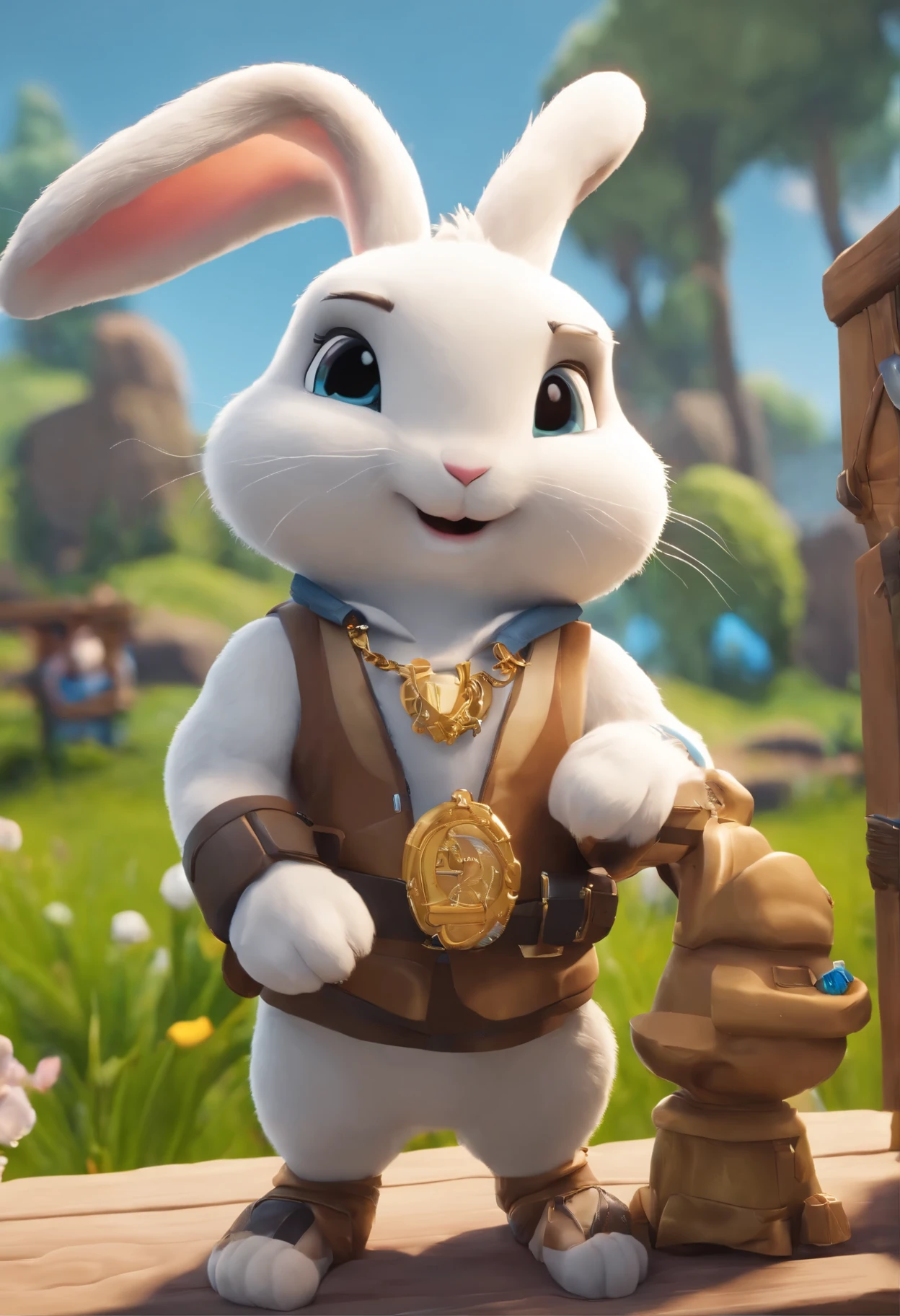 (((Cartoon Character 1.3))),(((Playing fortnite))),(((Four cute bunnies:1.4))),He wears a big gold medal around his neck,The rabbit wears a speckled vest,Denim shorts on the bottom,Long white hair that floated up,Naughty expression,HD Real,Black eyes,Flying figure,HD picture,Sony SLR lens,Shoot at medium distance,Soft lighting,tmasterpiece