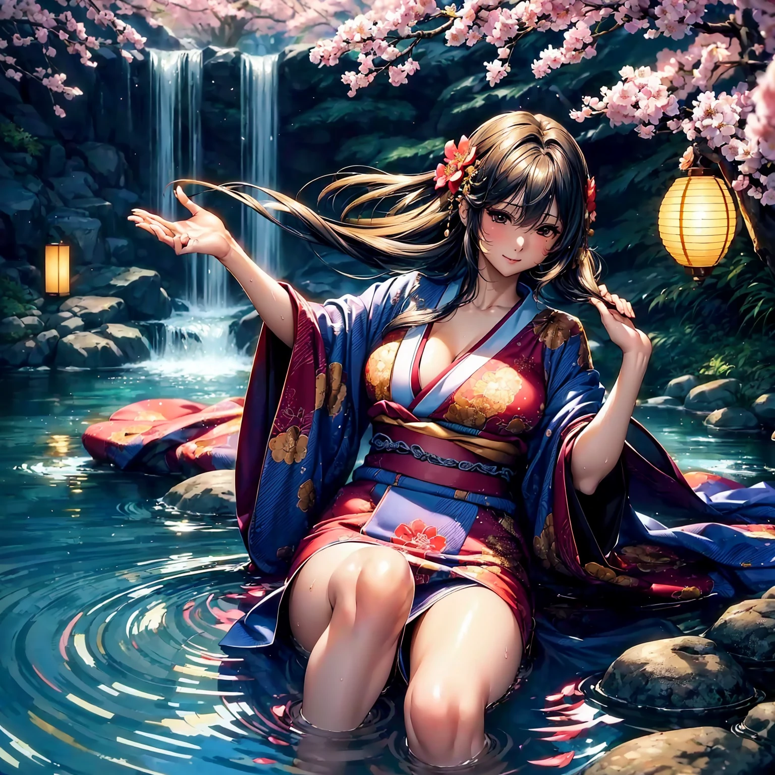 (((highest quality、masterpiece、very high resolution))),(There is a woman with perfect and ultimate beauty..,beautiful figure,beautiful face,beautiful skin,beautiful breasts,Well-formed eyes and nose)、(Beautiful breasts with a slender body shape:F cup,best hair texture,Best skin texture)、((Beautiful Japan kimono:floral and colorful)),(Fantastic waterside,There is a waterfall,Night cherry blossoms and lanterns,mysterious night sky、beautiful scenery),(water play,beautiful pose,model shoot,Hair flutters under the influence of the wind),realistic portrait,bijinga,(highly detailed images、accurate image、Perfect Image 1.5)、beautiful anime woman, beautiful art style, anime character、Overall image、accurate anatomy、Image without defects、natural soft light、beautiful images、(best shot,RAW photo)