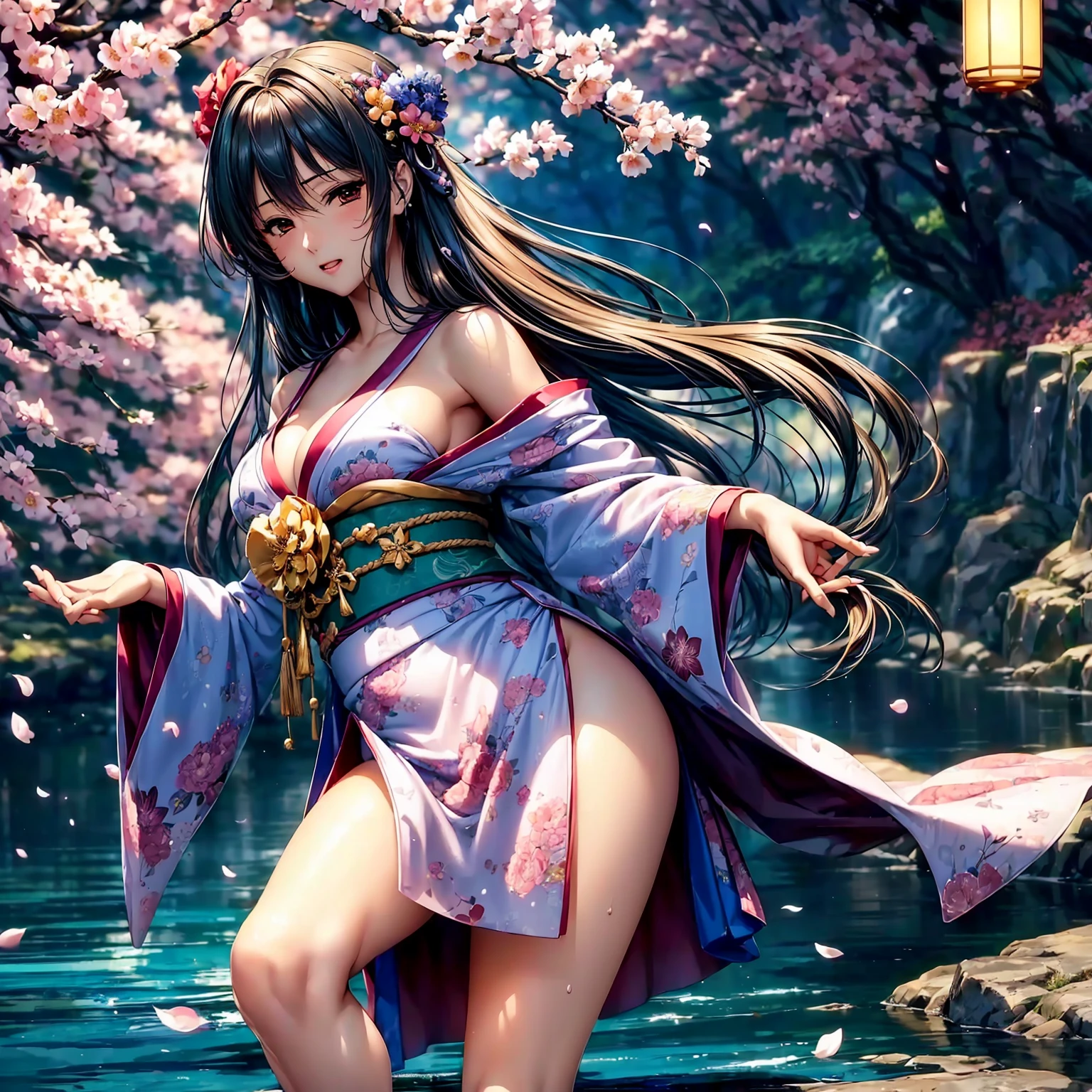 (((highest quality、masterpiece、very high resolution))),(There is a woman with perfect and ultimate beauty..,beautiful figure,beautiful face,beautiful skin,beautiful breasts,Well-formed eyes and nose)、(Beautiful breasts with a slender body shape:F cup,best hair texture,Best skin texture)、((Beautiful Japan kimono:floral and colorful)),(Fantastic waterside,There is a waterfall,Night cherry blossoms and lanterns,mysterious night sky、beautiful scenery),(water play,beautiful pose,model shoot,Hair flutters under the influence of the wind),realistic portrait,bijinga,(highly detailed images、accurate image、Perfect Image 1.5)、beautiful anime woman, beautiful art style, anime character、Overall image、accurate ???????、Image without defects、natural soft light、beautiful images、(best shot,RAW photo)